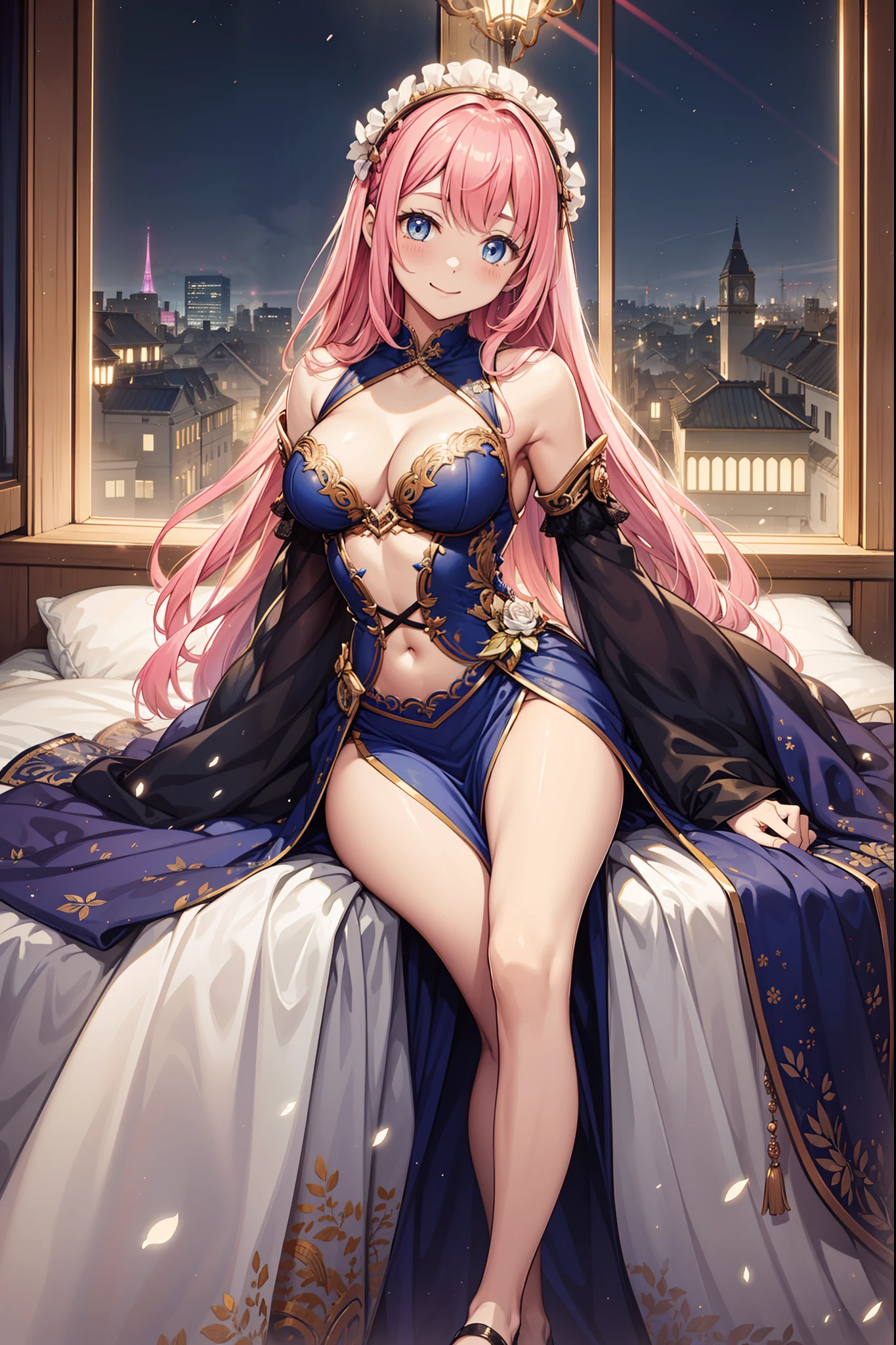 teens girl,Enchanted,Divine happiness,Being in love,(Light Victorian dress),Pink hair,eBlue eyes,Maximalism,Multiple layers of delicate ruffles,Lots of lace,Multi-colored cloth,Delicate embroidery,Delicate pattern,Fabric headdress,exquisite costumes,see-through transparent clothes,Gorgeous interior scene with bed,the night,glittery,(Dazzle:1.1),Movie lighting,the night,solo person,Fluttering skirt,