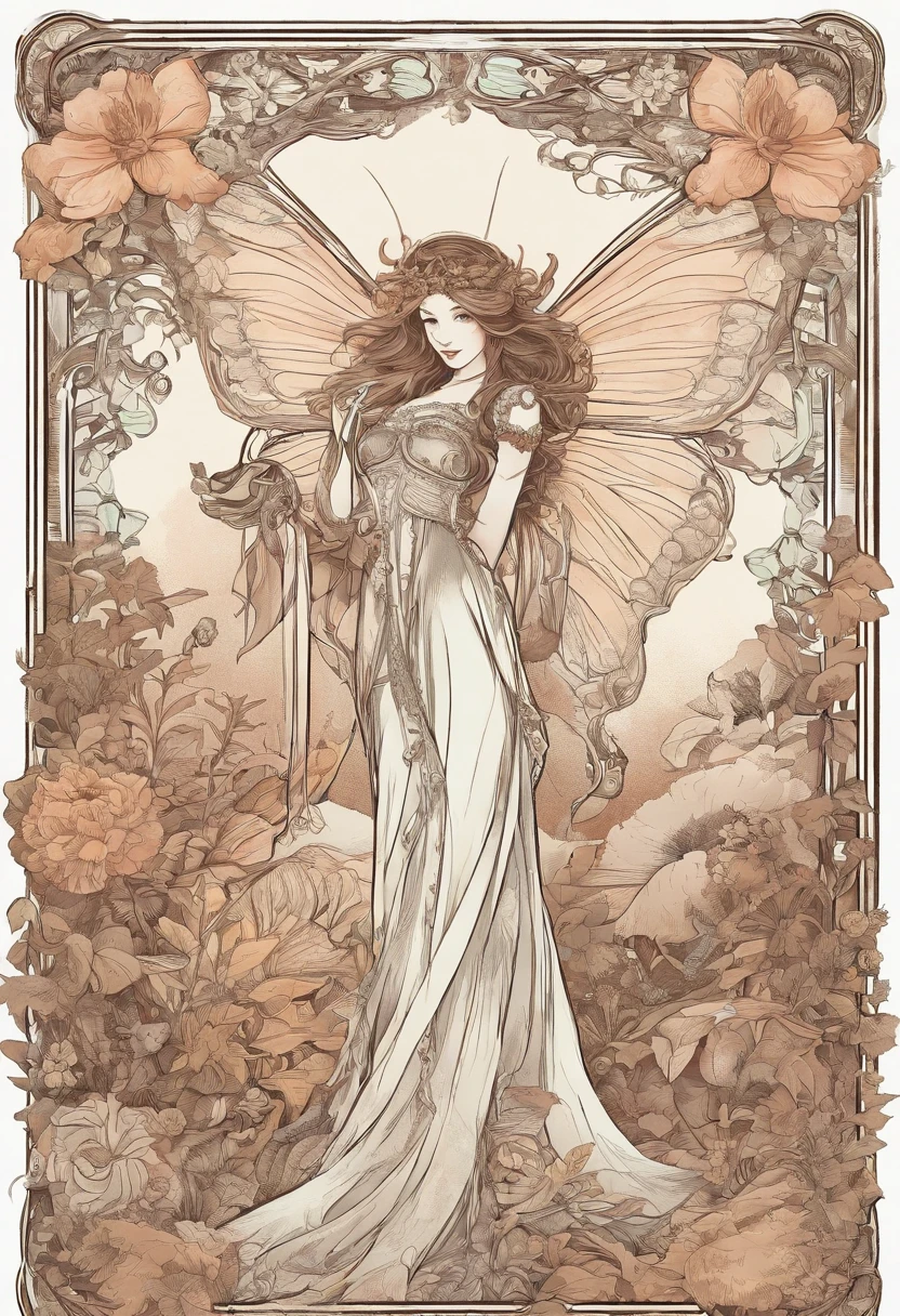 A tiny fairy is bound and captured by the giant mantis king. The mantis is five times her size. She looks scared and the mantis king wants her for his wife. Art nouveau. Hokusai. Vector. Line art. Perfect anatomy. Romantic, Creative, Full HD, Intricate, Ultra detailed, Doodle, Illustration, Highly Detailed, Line Art, Ink illustration, Vector art, Vector graphic, Highly detailed, HD, Watercolor, Transparent, Trending on artstation, Hokusai, Contemporary art, Details, Brown Colors, 8K, Romantic, Edgy, Gloomy, Sketch, Drawing, Vintage, Soft lighting, Detailed matte painting, High quality, Beautiful woman