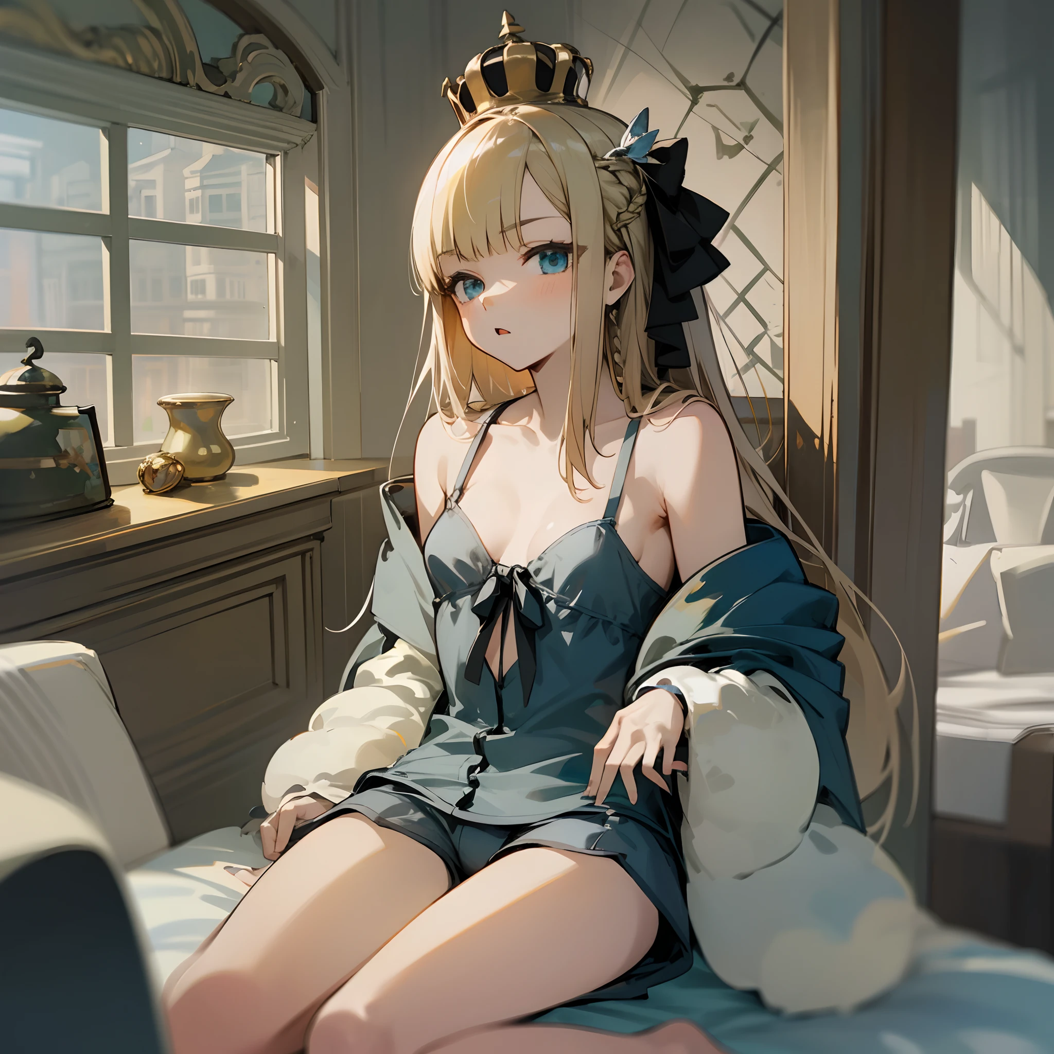 Reines, 1girl, high quality, best quality, illustration, masterpiece, (highly detailed:1.2), (extremely detailed:1.3), small breasts, bare shoulders, young girl, boa fleece loungewear, pajamas, string ribbon, shortpants, crown braid, petite, loli, in a house, 