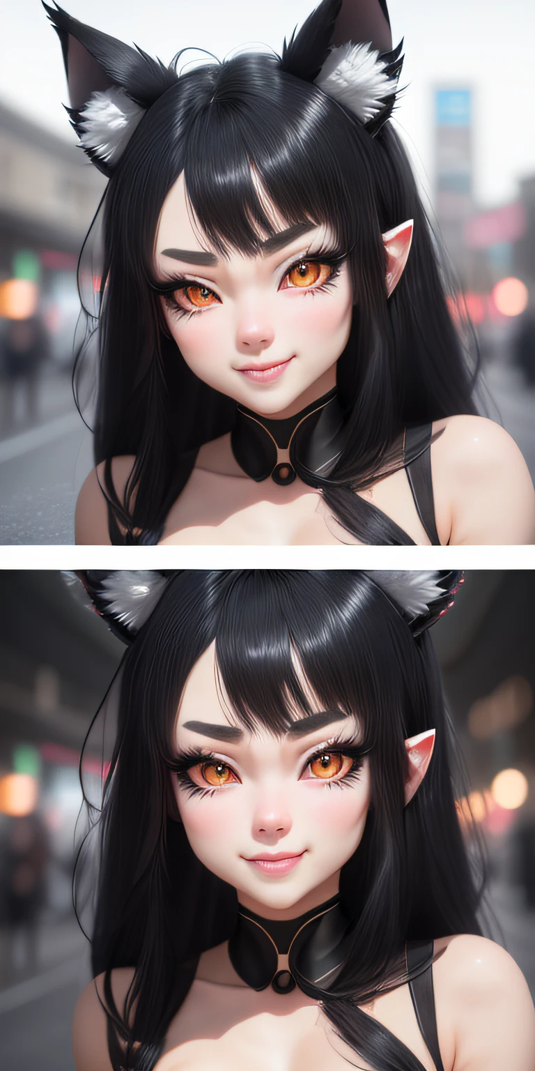 black hair, hair bobbles, wince, longeyelashes, solid circle eyes, fake animal ears, light smile, ear blush, fang, Surrealism, drop shadow, anaglyph, stereogram, tachi-e, pov, atmospheric perspective, 8k, super detail, ccurate, best quality