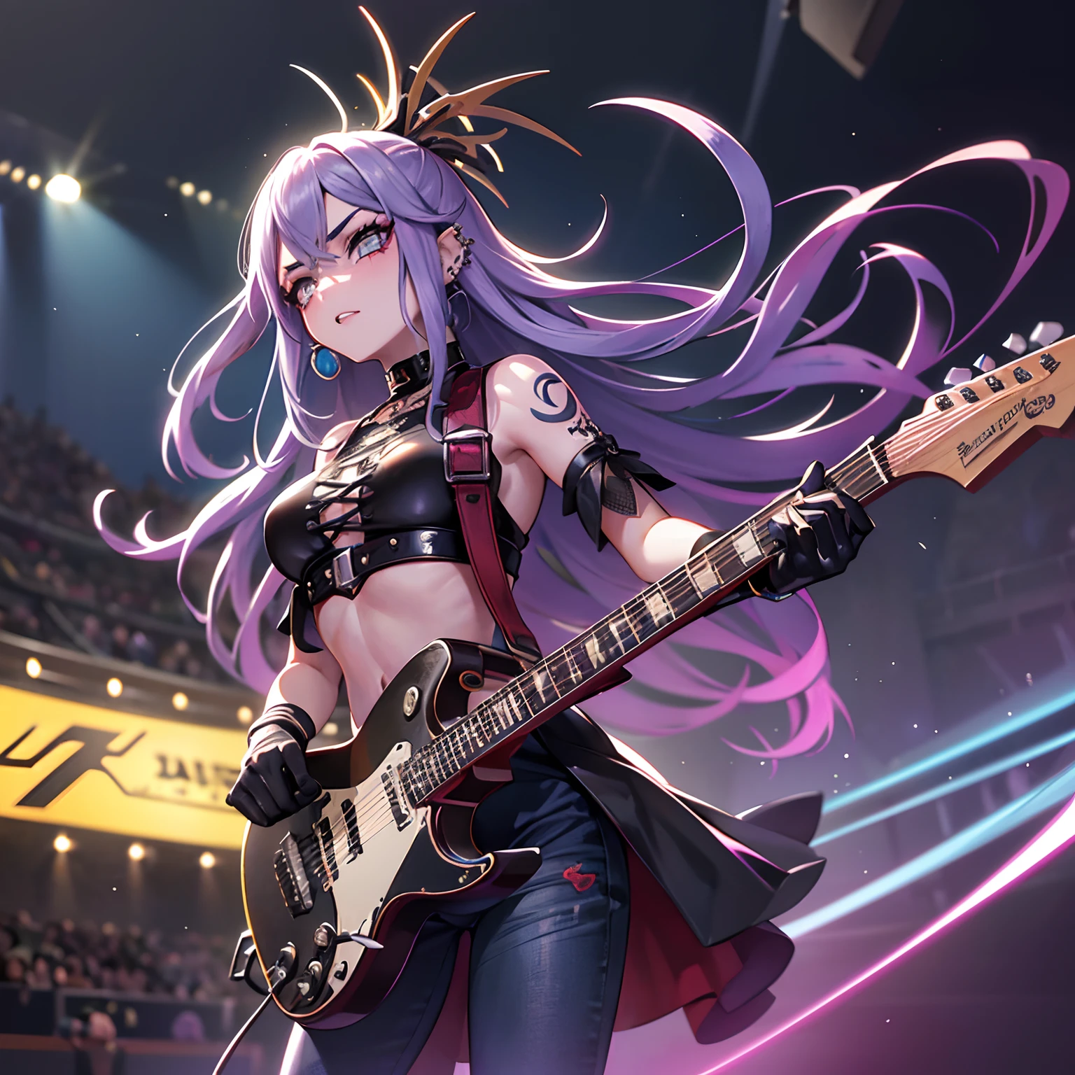 1 girls with guitar in their hands, banda de rock, visual kei, (20-25yo), ousada, rebelde, maquiagem intrincada, olhar intenso, cabelo colorido, espetado (piercings de sobrancelha:1.2), tatuagens, (motivos de caveira:1.3), jaquetas de couro, jeans rasgados, botas, (cintos cravejados:1.1), meias de rede de peixe, (gargantilhas:0.8), correntes, (metal gloves:1.2), (espinhos:1.4), (glitter:0.9), (smoke effects:1.3), (lighting effects:1.2), (textura grunge:1.1), (fundo grafite:1.3), (luzes neon:1.4), (palco do concerto: 1.5), dynamic, energetic, apaixonado, atitude.