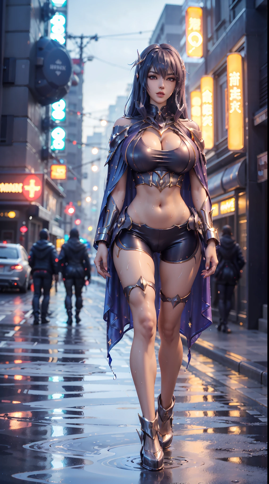 1GIRL, SOLO, COQUETTE, (BLUE LONG HAIR, HAIR ORNAMENT, NECKLACE), (WET HUGE FAKE BOOBS:1.3), (STREET CITY BACKGROUND), (FUTURISTIC PHOENIX MECHA CROP TOP, ROYAL CAPE, CLEAVAGE:1.2), (SKINTIGHT YOGA HOTPANTS, HIGH HEELS:1.2), (PERFECT BODY, FULL BODY VIEW:1.5), (LOOKING AT VIEWER), (WALKING:1.2), MUSCLE ABS:1.3, ULTRA HIGHT DEFINITION, 8K, 1080P.
