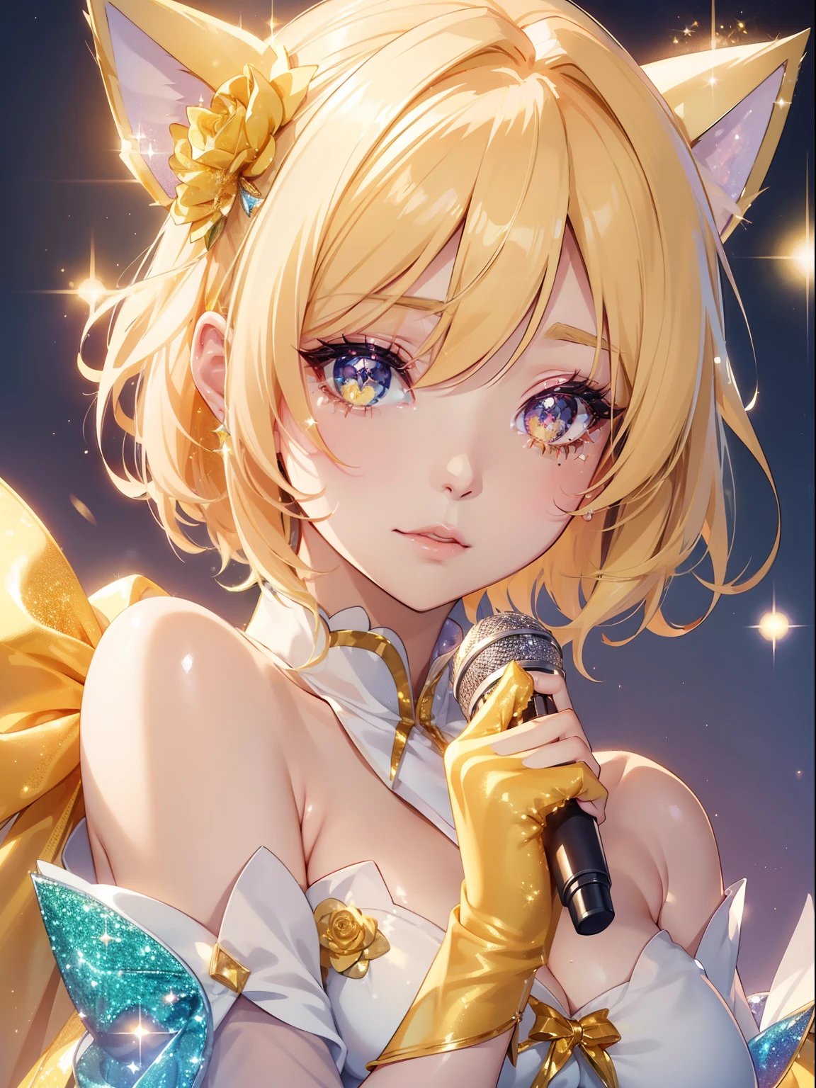 masutepiece, High resolution, 8K, anime woman, Delicate and detailed writing 、Detailed digital illustration、Short hair、perm、Shiny hair、Bangs、a very beautiful woman、Eyes are double, Large, Bust is D cup、High image quality, High quality、Detailed background、(((Wearing idol clothes)))、((Glittering live stage backdrop))、The inside of the eye shines like a diamond、Light yellow hair、Gradient pupil、(((2 arms、4 fingers, 1 thumb)))、Detailed female face、Very beautiful and cute woman、、细致背景、masterpiece、Soft Focus , Bright gradient watercolor , Lens Flare , (((Glitter))) , Glow , Dreamy , (((Holding a glitter microphone in your hand)))、a miniskirt、Idol、Yellow Ribbon、Very beautiful yellow rose hair accessories、Yellow and gold costume with white as the main color、(((face close-up))、Glitter Cat Ear Headband、Eyes with blue gradient glow