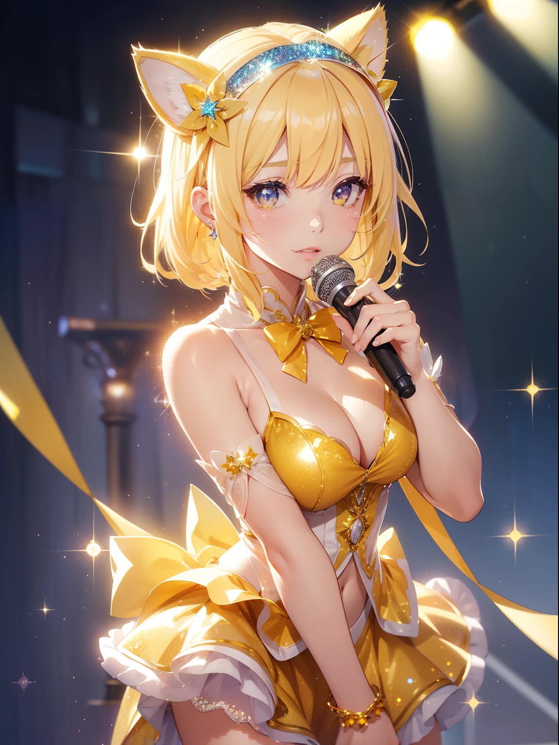 masutepiece, High resolution, 8K, anime woman, Delicate and detailed writing 、Detailed digital illustration、Short hair、perm、Shiny hair、Bangs、a very beautiful woman、Eyes are double, Large, Bust is D cup、High image quality, High quality、Detailed background、(((Wearing idol clothes)))、((Glittering live stage backdrop))、The inside of the eye shines like a diamond、Light yellow hair、Gradient pupil、(((2 arms、4 fingers, 1 thumb)))、Detailed female face、Very beautiful and cute woman、、细致背景、masterpiece、Soft Focus , Bright gradient watercolor , Lens Flare , (((Glitter))) , Glow , Dreamy , (((Holding a glitter microphone in your hand)))、a miniskirt、Idol、Yellow Ribbon、Very beautiful yellow rose hair accessories、Yellow and gold costume with white as the main color、(((face close-up))、Glitter Cat Ear Headband、Eyes with blue gradient glow