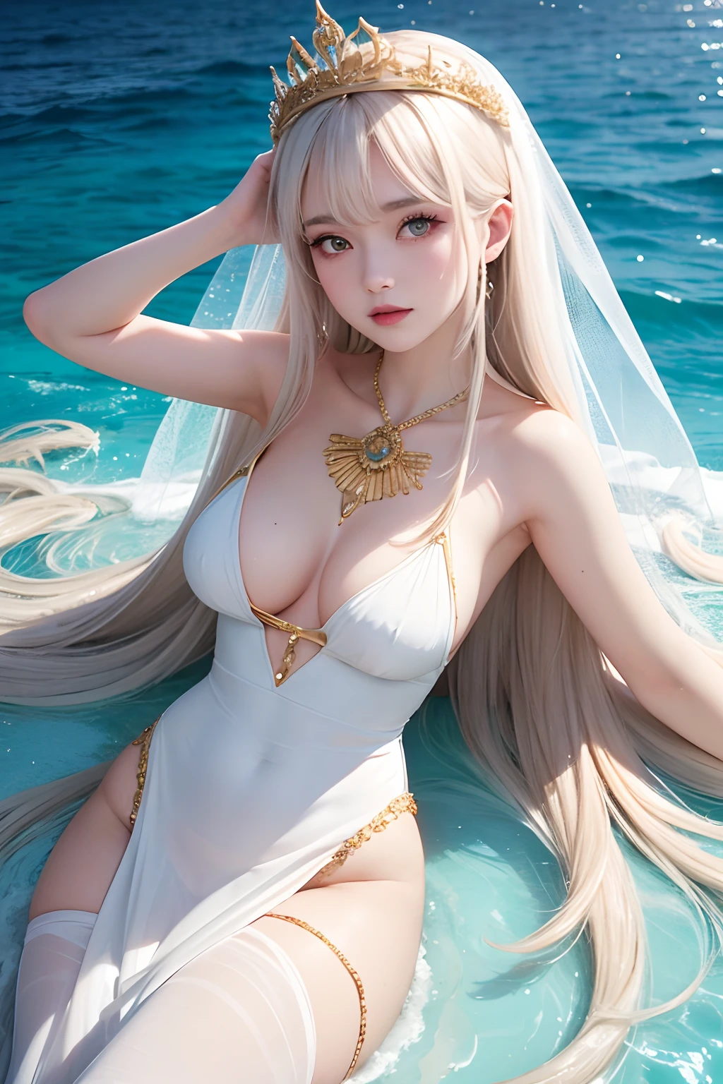 Sexy goddess,best qualityer,Snow-whiteskin,8K high quality,Sexy goddess,A pair of big eyes are beautiful and moving,Golden crown,Dressed in white veil,The lower body is a long white gauze dress,White skin,Makeup,Red long-haired,curlies,Sexy outfit,Volt view,Look up,gold;jewely;Blue Electric,Space-time gate,Lying on the sea,the ocean,swell sea,lighthouse,shoreline