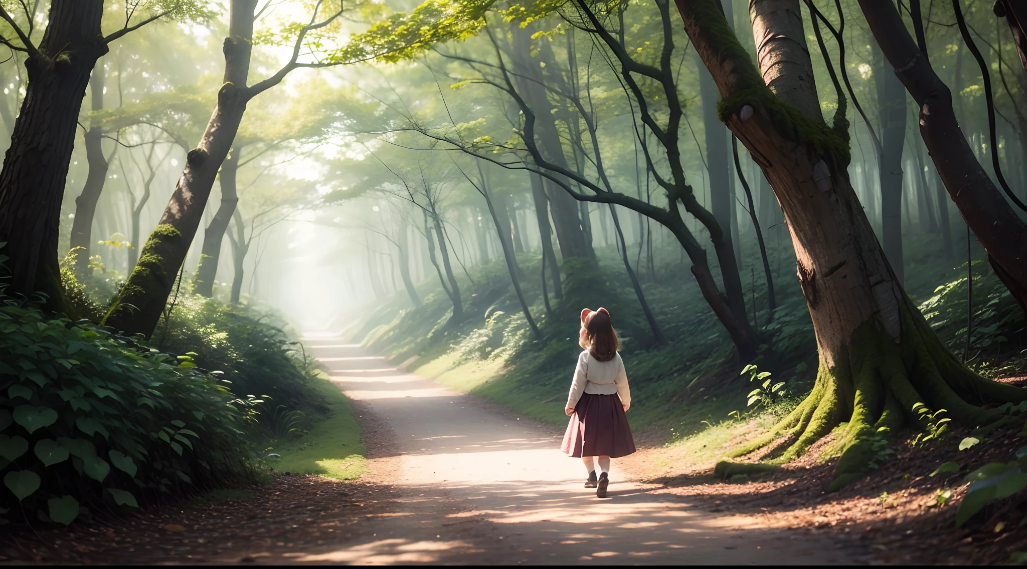 Show a magical forest where a little girl and a squirrel were walking