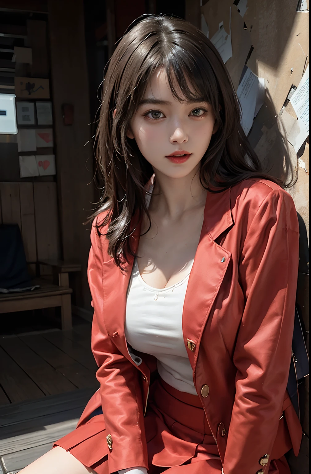 (A hyper-realistic), (illustratio), (hight resolution), (8K), (ighly detailed), (The best illustrations), (beatiful detailed eyes), (top-quality), (ultra-detailliert), (​masterpiece), (wall-paper), (Detailed face), drooing eyes,full of sweat, Long legs,Armpit,short-hair,inner colored,Solo, Big ??????, cleavage, japanes, Colossal ????、A smile, Wearing a red blazer, Red short skirt, Office Uniform, Street with neon lights,facing the front there