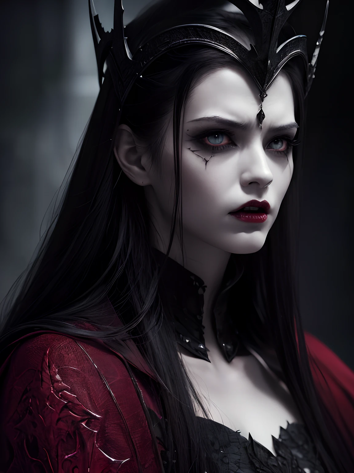 "(best quality,highres:1.2),(realistic,photo-realistic:1.37),(close up portrait:1.1),vampire king,dark fantasy,gothic style,dramatic lighting,intense gaze,pale complexion,blood-red eyes,elaborate crown,sharp fangs,detailed facial features,elegant attire,majestic cape,tattoos on the arms,ominous background,haunting atmosphere,dark shadows,rich color palette,mysterious aura"