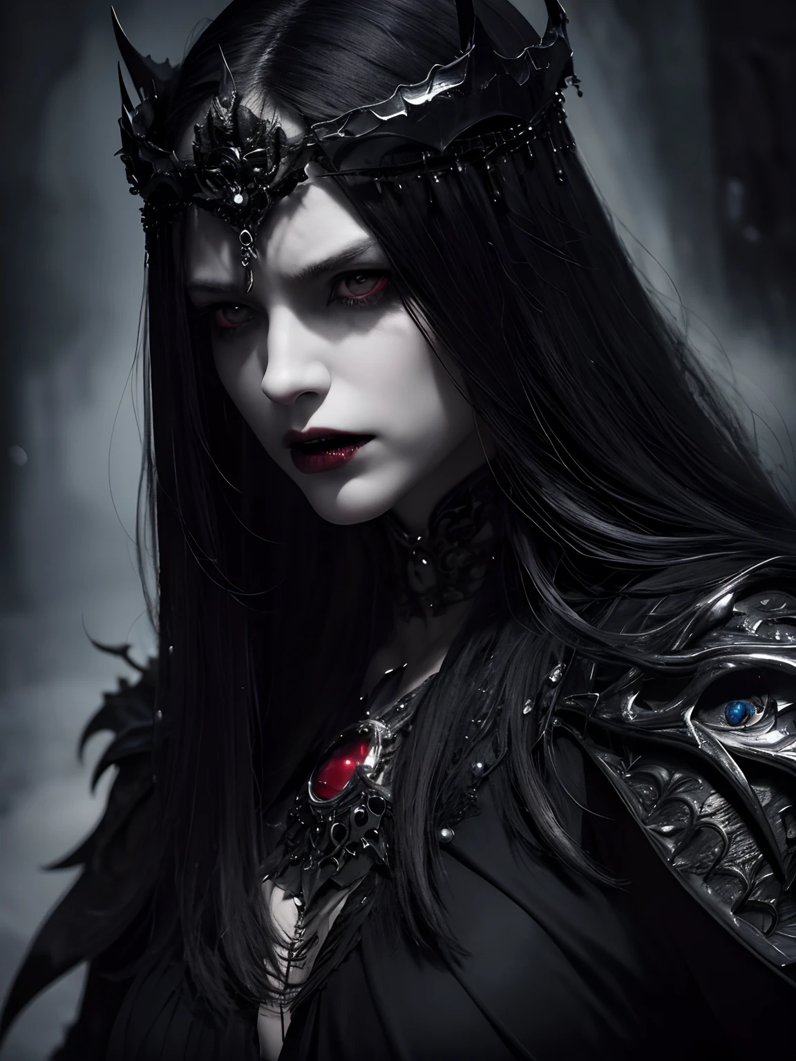 "(best quality,highres:1.2),(realistic,photo-realistic:1.37),(close up portrait:1.1),vampire king,dark fantasy,gothic style,dramatic lighting,intense gaze,pale complexion,blood-red eyes,elaborate crown,sharp fangs,detailed facial features,elegant attire,majestic cape,tattoos on the arms,ominous background,haunting atmosphere,dark shadows,rich color palette,mysterious aura"