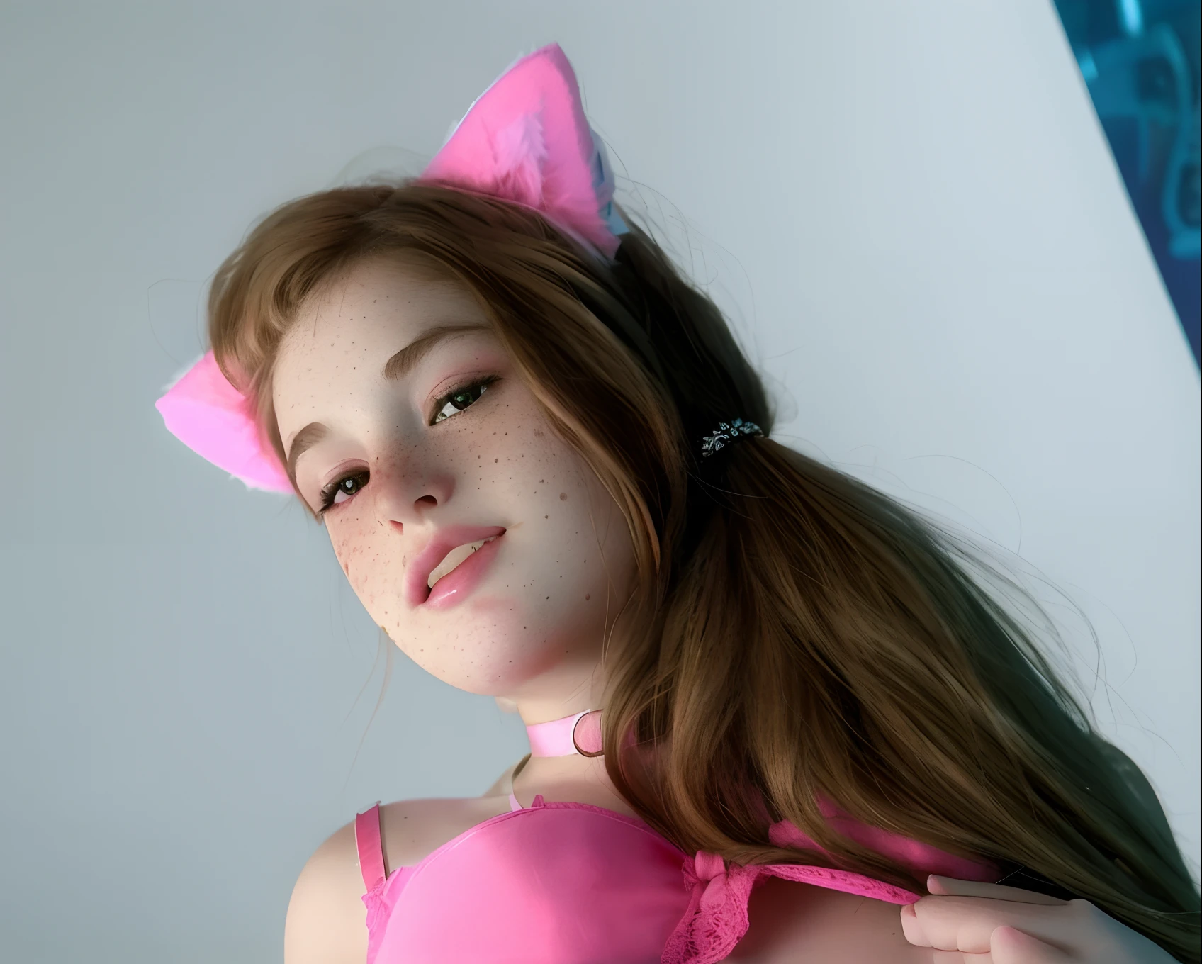 there is a woman in a pink bra and pink bow tie, beautiful young catgirl, very beautiful cute catgirl, attractive cat girl, catgirl, cute freckles, rosy cheeks with freckles, alexa grace, pink fox, light cute freckles, cat girl, freckled pale skin, small freckles, girl with cat ears, long pointy pink nose, freckles on chicks