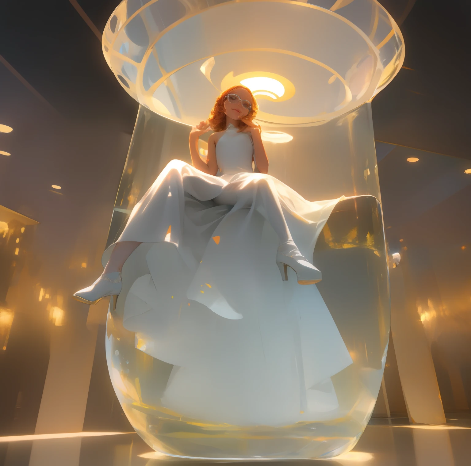 there is a woman sitting inside a giant glass of tea, cute elegant pose, wearing white dress, wearing a cute white dress, milky white skin, young and cute girl, inside the giant glass is the woman, the glass is also filled with light green tea, beautiful girl model, elegant girl, wearing a white dress, cute girl, beautiful model girl, asian girl, lovely woman, she has a soft smile, the sun is setting with yellow tones