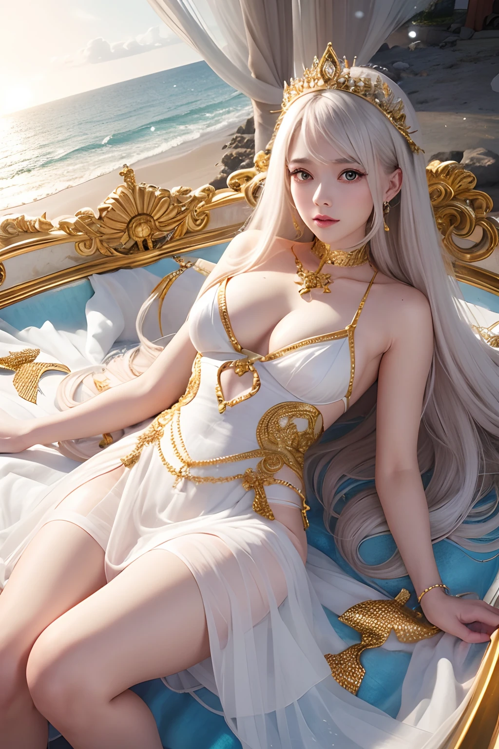 Sexy goddess,best qualityer,Snow-whiteskin,8K high quality,Sexy goddess,A pair of big eyes are beautiful and moving,Golden crown,Dressed in white tulle,The bottom is a long white tulle dress,White skin,Makeup,Red long-haired,curlies,Sexy outfit,Volt view,Look up,gold;jewely;Blue Electric,Space-time gate,Lie flat,the ocean,swell sea,lighthouse,shoreline