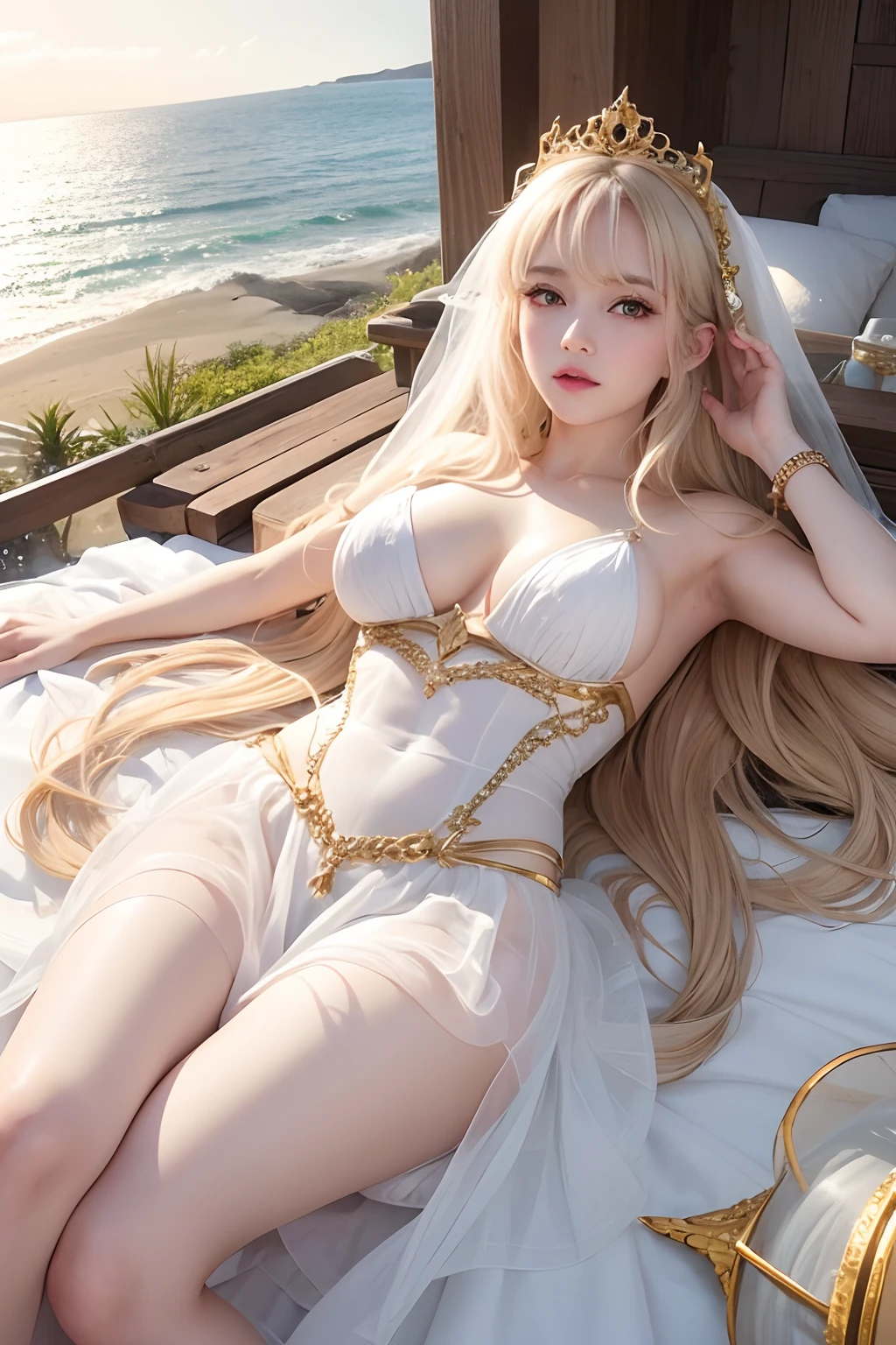 Sexy goddess,best qualityer,Snow-whiteskin,8K high quality,Sexy goddess,A pair of big eyes are beautiful and moving,Golden crown,Dressed in white tulle,The bottom is a long white tulle dress,White skin,Makeup,Red long-haired,curlies,Sexy outfit,Volt view,Look up,gold;jewely;Blue Electric,Space-time gate,Lie flat,the ocean,swell sea,lighthouse,shoreline