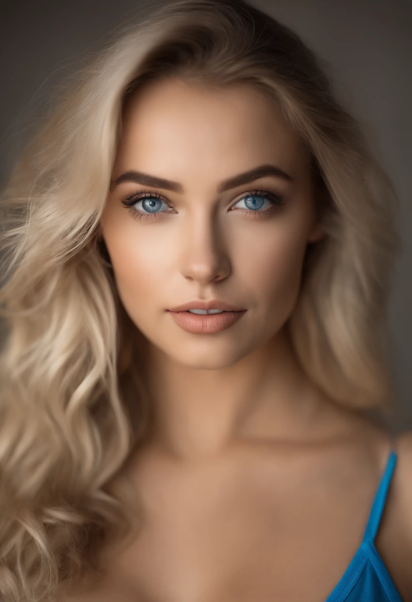 Portrait of a stunning woman with piercing brown eyes and long flowing blonde hair, wearing blue lingerie, realistic, intricate details in the clothing and facial features, studio lighting to enhance the depth and realism of the image