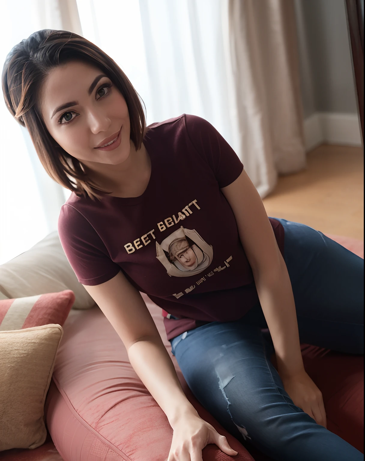 ((best quality)), ((masterpiece)), (detailed), Arafed woman holding a book in bed using a large red t-shirt and white panties, smilling