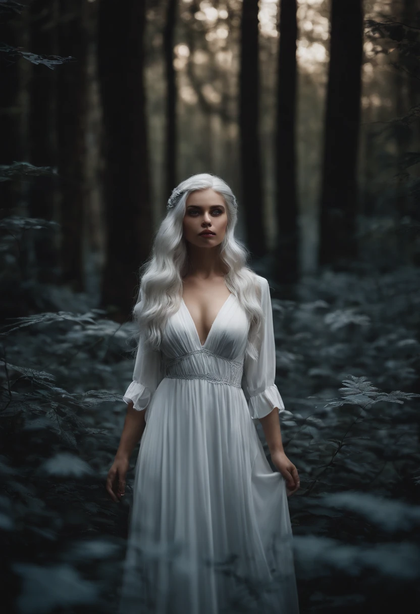 1 girl with blue eyes white hair full white dress looking at the viewer background dark forest aesthetic