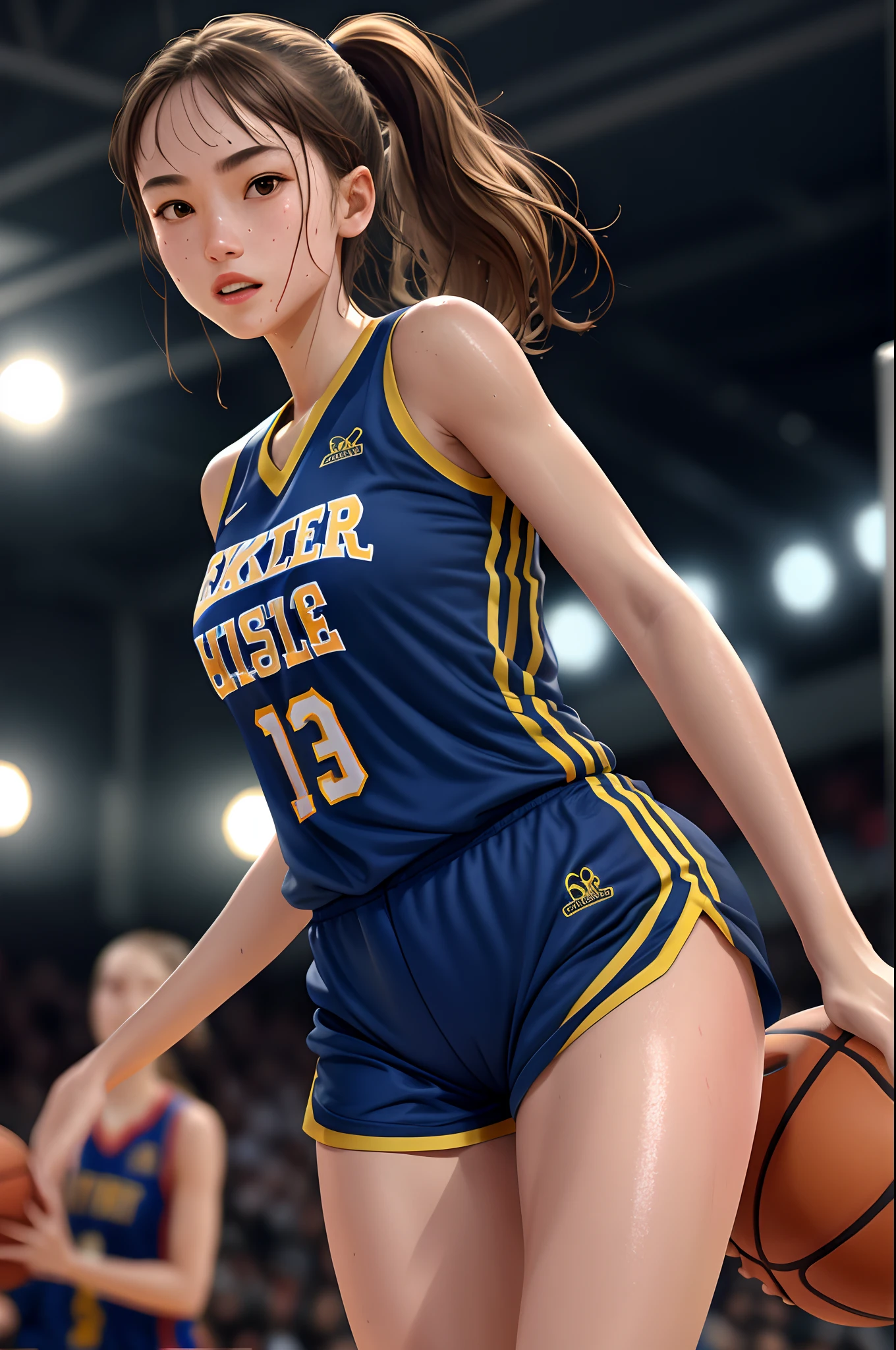 (Best Quality,8K,hight resolution,masuter piece:1.2),Ultra-detailed,Realistic:1.37,Portrait,Dynamic Angle,(Female basketball players) ,Teenage girl,small head,Cute,Sporty,Charming face,Detailed beauty face,Very realistic skin,Wet skin,Sweat,Large breasts,nice legs ,Sporty,Basketball Competition Venues　,Cinematic lighting,