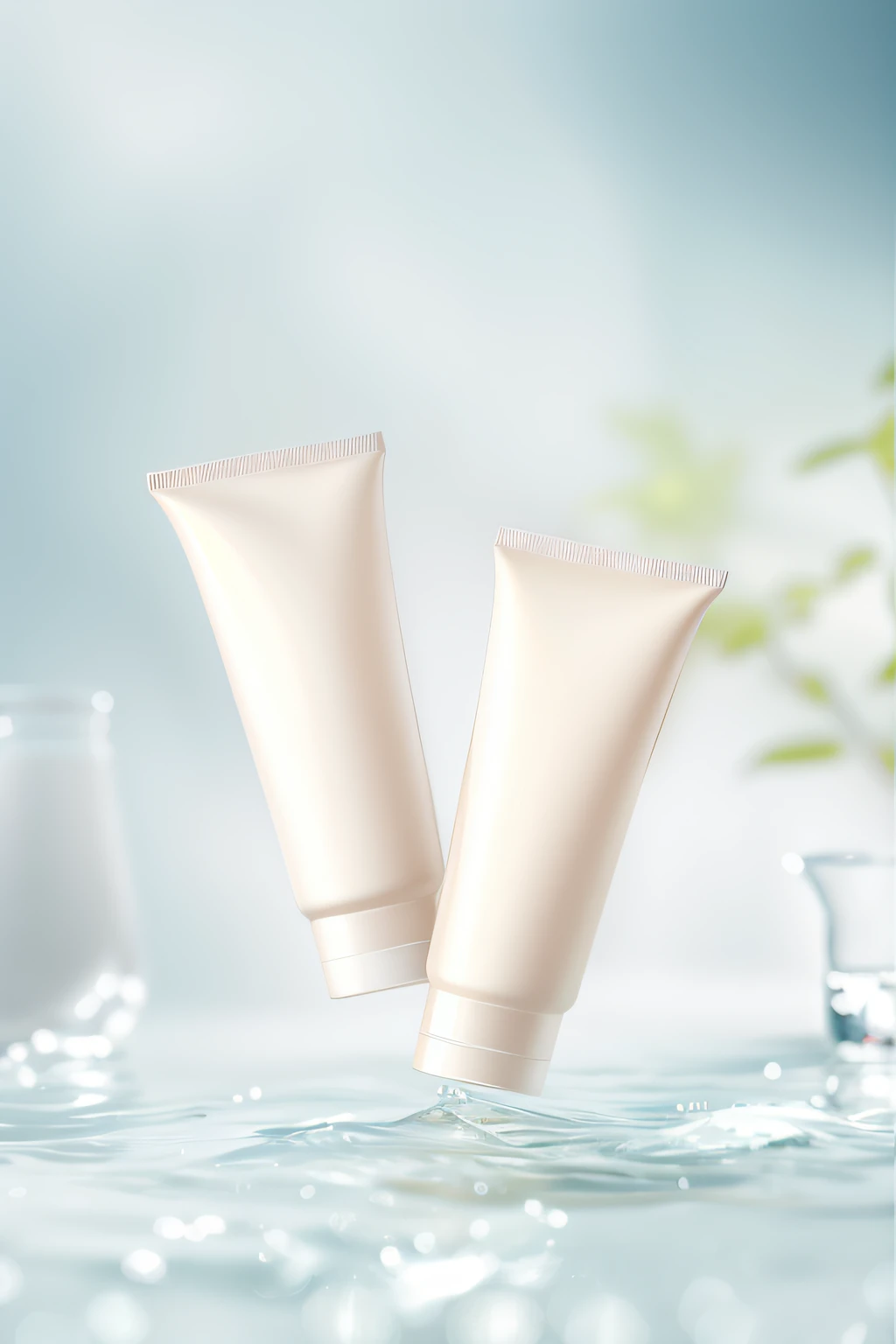 On the table next to the glass were two tubes of cream, crisp smooth clean lines, high quality topical render, Clean face and body skin, crisp smooth lines, Alternative, silicone skin, Skincare, skin care, wide portrait, bottom angles, Product photo, SleekDesign, crisp clean shapes, Cream white background, in the background, High quality details