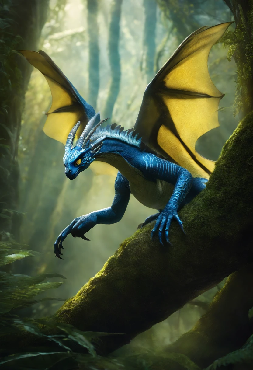 (Pandora's Toruk),The legendary Phantom Knight,Although it is the same species as the Spotted Creek beast,There are also membranous wings and a carbon fiber skeleton,But its size is much larger,The wingspan can reach 25 meters, The wingspan can reach 25 meters。 The Na'vi are in awe of this fierce and beautiful creature、Totems come to worship this animal。 Toruk's body was flushed、Yellow、Black stripes,The head is dark blue,Head and chin crown,The crown is sharp,Can be used to harm prey,Tear them apart,You can also cut off trees and plants that stand in the way during the flight。 Toruk has a pair of sharp claws,Can hold on to prey tightly,perched in a tree。Toruk also has two tails,spreading wings,blue-sky。Fly amazingly,There is also the ability to climb quickly,It can quickly disappear into the sun。They usually prey on spotted stream animals,Na'vi and Earthlings,。, Inside the alien jungle, rich diverse lush alien world, bioluminescent cyber - garden, alien forest in background, avatar landscape, Alien Paradise, concept art magical highlight, concept art stunning atmosphere, Strange alien forest lepidoptera,Na'vi:Toruk,scientific name:Gavilandora Maxima,Enigmatic Atmosphere, exotic plants, Majestic, magical concept art,
