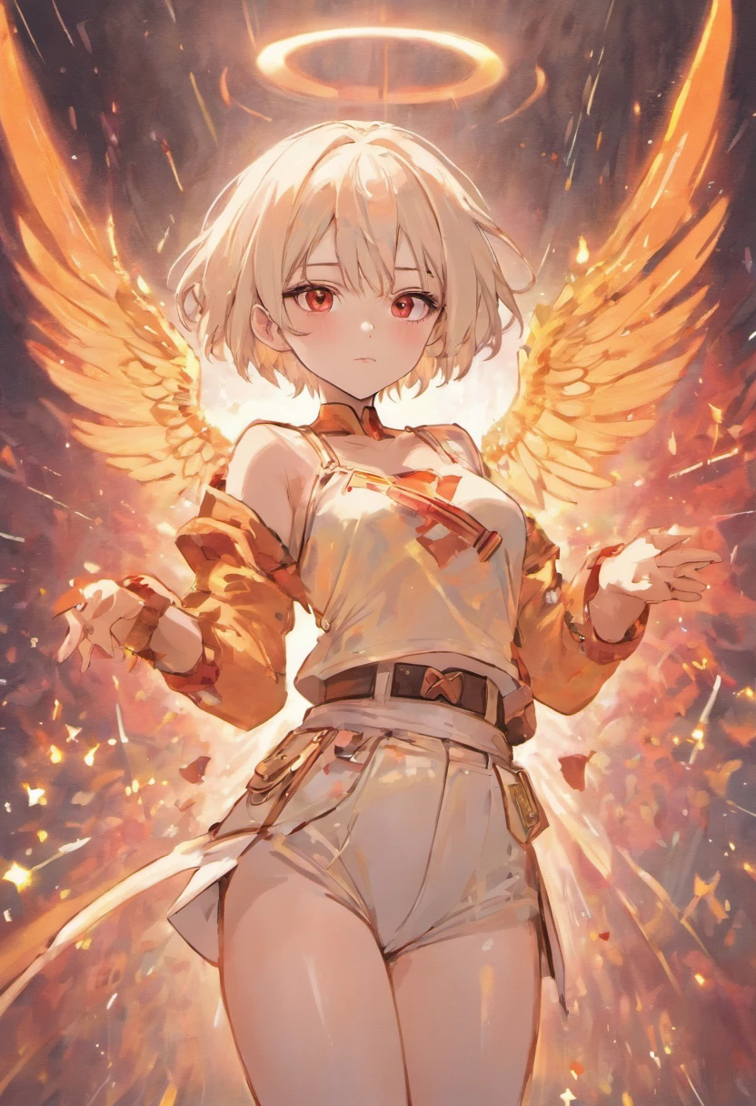 Beautiful girl wear white crop top clothes, she have white medium bob hair with red bright eyes, midriff and her navel visible, wearing long pants with belt and she grab dessert eagle weapon in his two hand