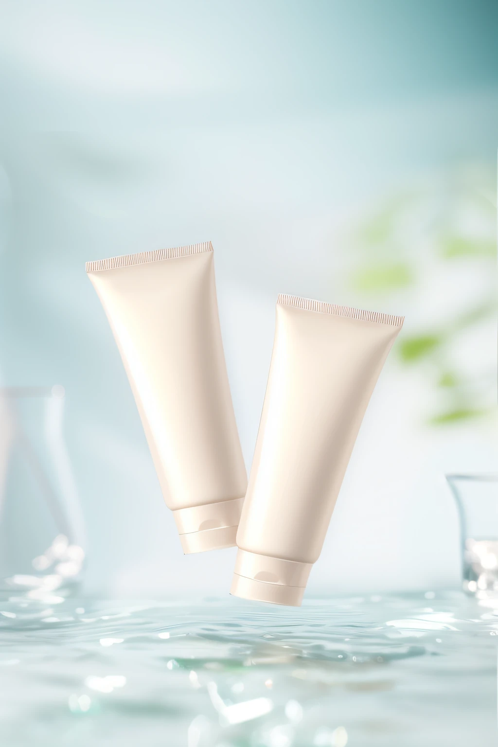 On the table next to the glass were two tubes of cream, crisp smooth clean lines, high quality topical render, Clean face and body skin, crisp smooth lines, Alternative, silicone skin, Skincare, skin care, wide portrait, bottom angles, Product photo, SleekDesign, crisp clean shapes, Cream white background, in the background, High quality details