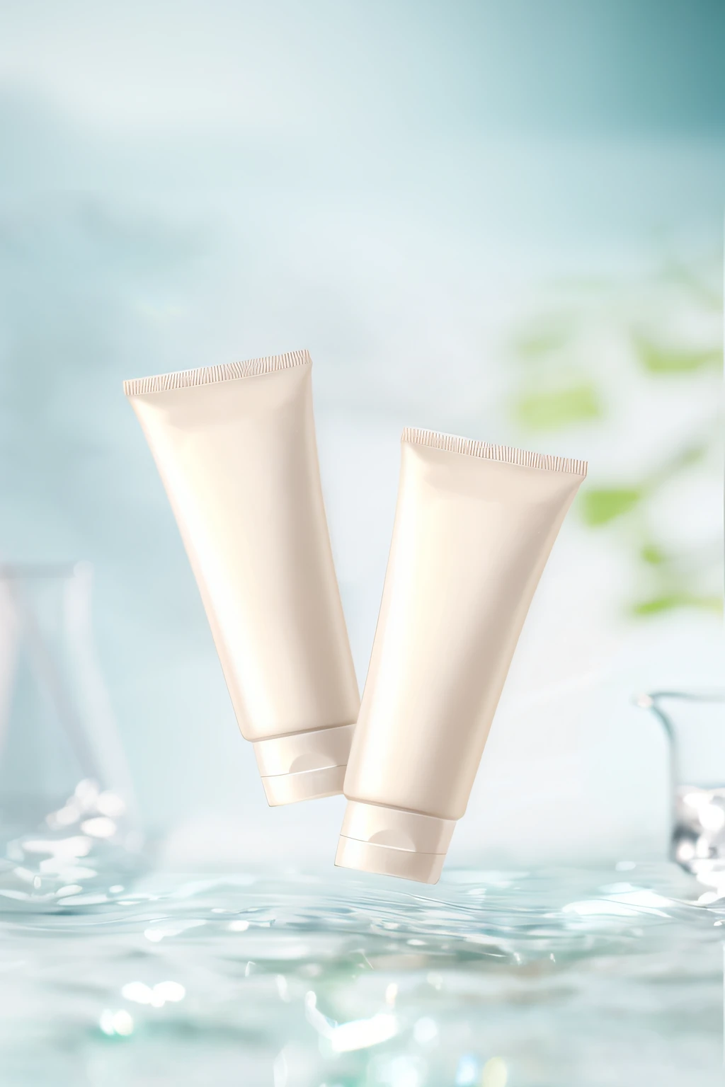 On the table next to the glass were two tubes of cream, crisp smooth clean lines, high quality topical render, Clean face and body skin, crisp smooth lines, Alternative, silicone skin, Skincare, skin care, wide portrait, bottom angles, Product photo, SleekDesign, crisp clean shapes, Cream white background, in the background, High quality details
