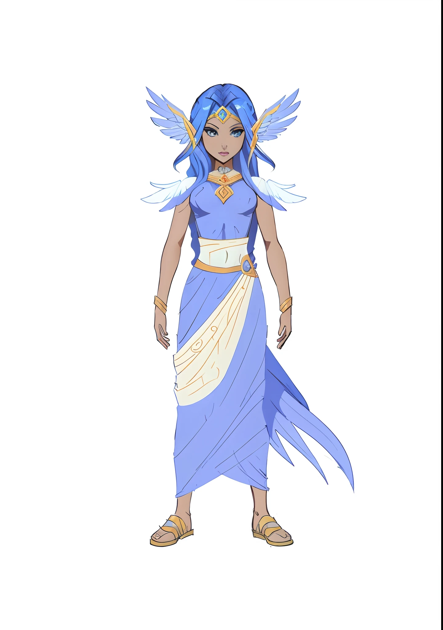 cartoon of a woman dressed in a blue dress with wings, mystical atlantean valkyrie, the greek goddess aphrotite, beautiful young wind spirit, inka harpy girl, valkyrie style character, greek goddess athena, knights of zodiac girl, epic mage girl character, as an atlantean, the goddess artemis smirking, goddess of greek mythology, new costume concept design, comic style, dc comic style, comic render style,