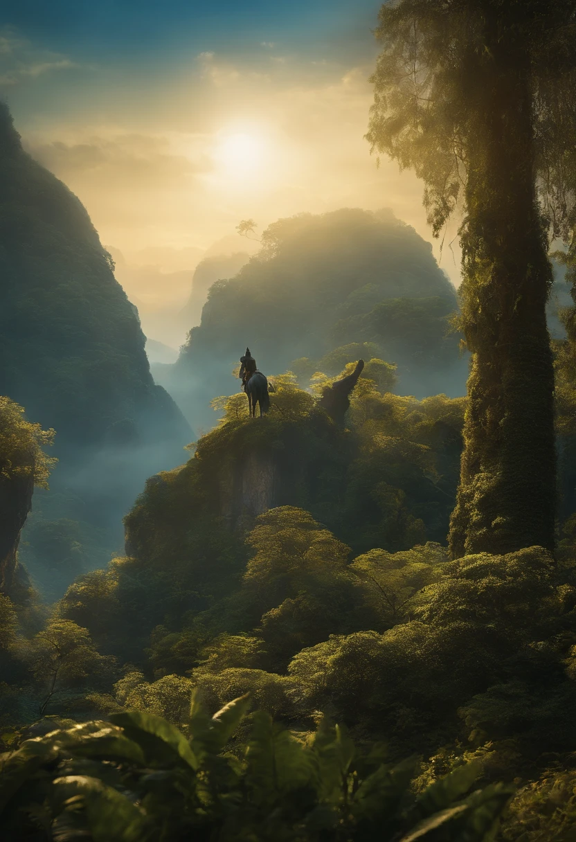 (Pandora's Toruk),The legendary Phantom Knight,Luke's body was flushed、Yellow、Black stripes,The head is dark blue,Head and chin crown,The crown is sharp,Can be used to harm prey,Tear them apart,It is possible to cut off trees and plants that stand in the way during flight。 Toruk has a pair of sharp claws,Can hold on to prey tightly,perched in a tree。Toruk also has two tails,spreading wings,blue-sky。Fly amazingly,There is also the ability to climb quickly,It can quickly disappear into the sun。They usually prey on spotted stream animals and the interior of alien jungles, rich diverse lush alien world, Bioluminescence Alien forest in background, avatar landscape, Alien Paradise, concept art magical highlight, stunning atmosphere, Enigmatic Atmosphere, exotic plants, Majestic, magical concept art,