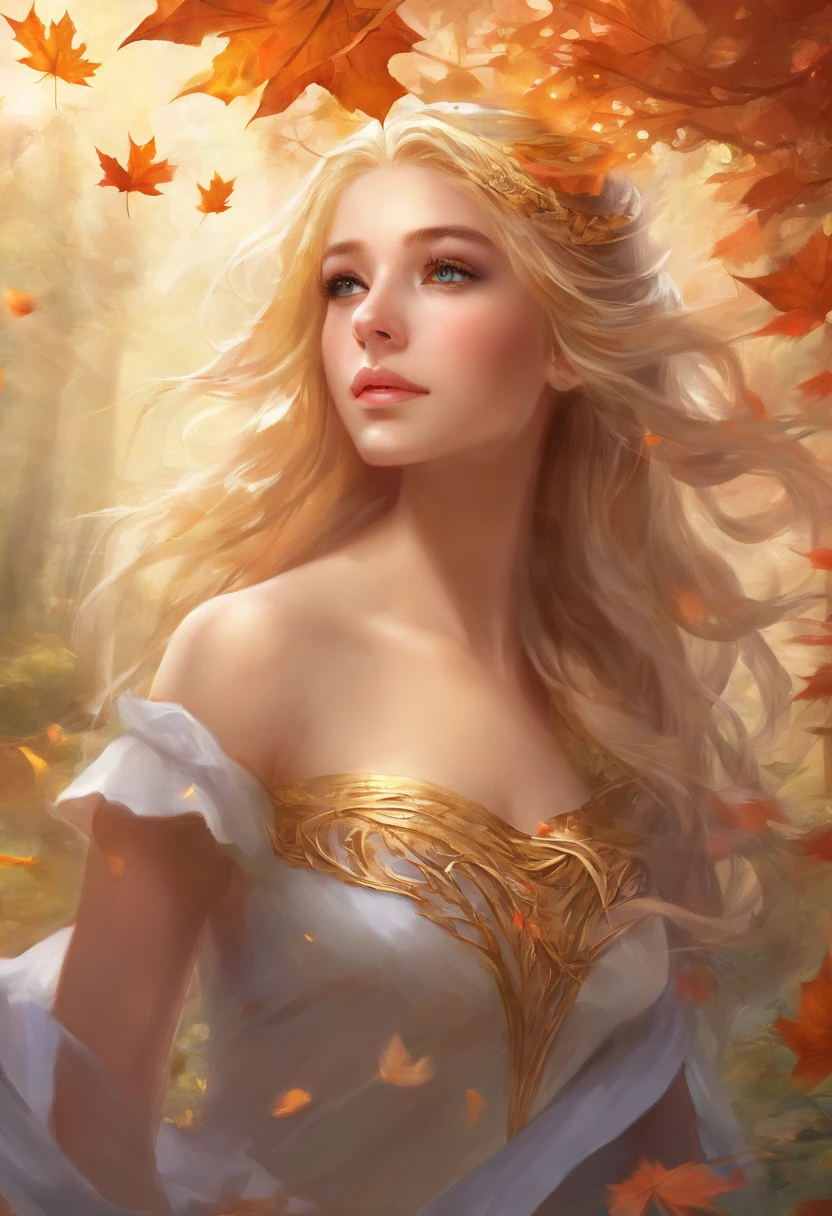 Girl close-up portrait, teasing dynamic poses, detailed eyes, detailed face, blond hair, focused on the face and blurred the falling maple leaves on girl's face, ver extremely detailed, ultra high high detailed portrait, 24K UHD graphics resolution, best quality, masterpiece, award winning artwork