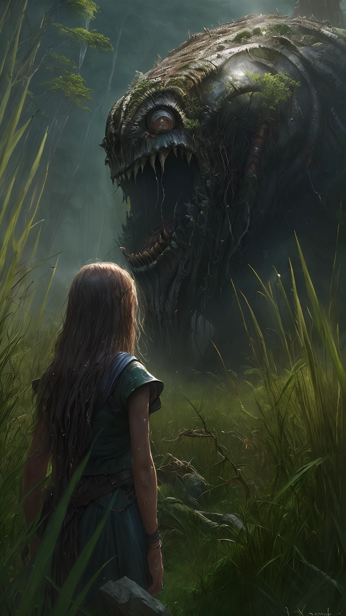 (Extreme close-up) photore (Scared:1.1) (Girls of the 19th century:1.2), (rainforests:0.9), (tall grass:1.2), (Huge old dead alien monster in the background:1.2), Wet, rays of sunshine, insanely details, Cinematic, epic realistic, Intricate details, ultra - detailed, High quality, primitive, author：Jakub Rozalski