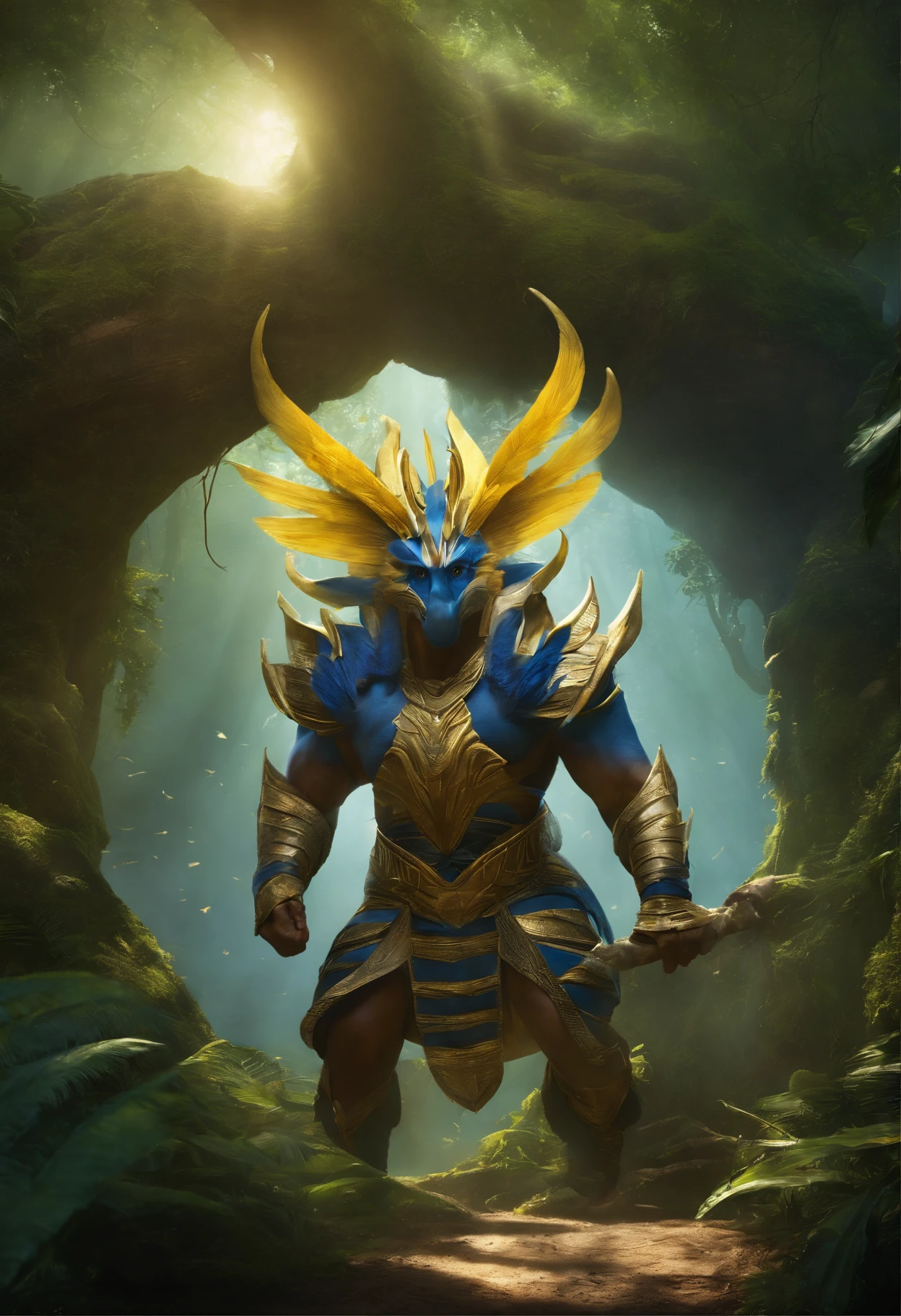（Pandora's Toruk），The legendary Phantom Knight，Luke's body was flushed、Yellow、Black stripes，The head is dark blue，Head and chin crown，The crown is sharp，Can be used to harm prey，Tear them apart，It is possible to cut off trees and plants that stand in the way during flight。 Toruk has a pair of sharp claws，Can hold on to prey tightly，perched in a tree。Toruk also has two tails，spreading wings，blue-sky。Fly amazingly，There is also the ability to climb quickly，It can quickly disappear into the sun。They usually prey on spotted stream animals and the interior of alien jungles, rich diverse lush alien world, Bioluminescence Alien forest in background, avatar landscape, Alien Paradise, concept art magical highlight, stunning atmosphere, Enigmatic Atmosphere, exotic plants, Majestic, magical concept art,