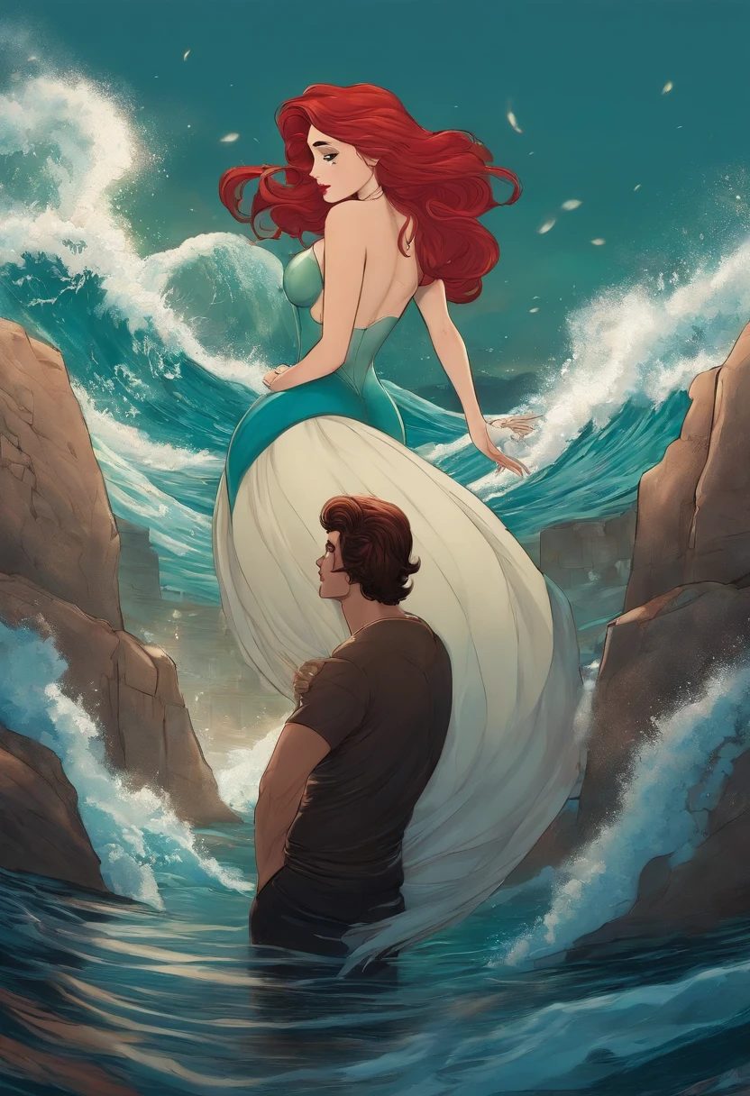 Ariel arrastando Eric para o fundo do mar, manga art, disney, terror