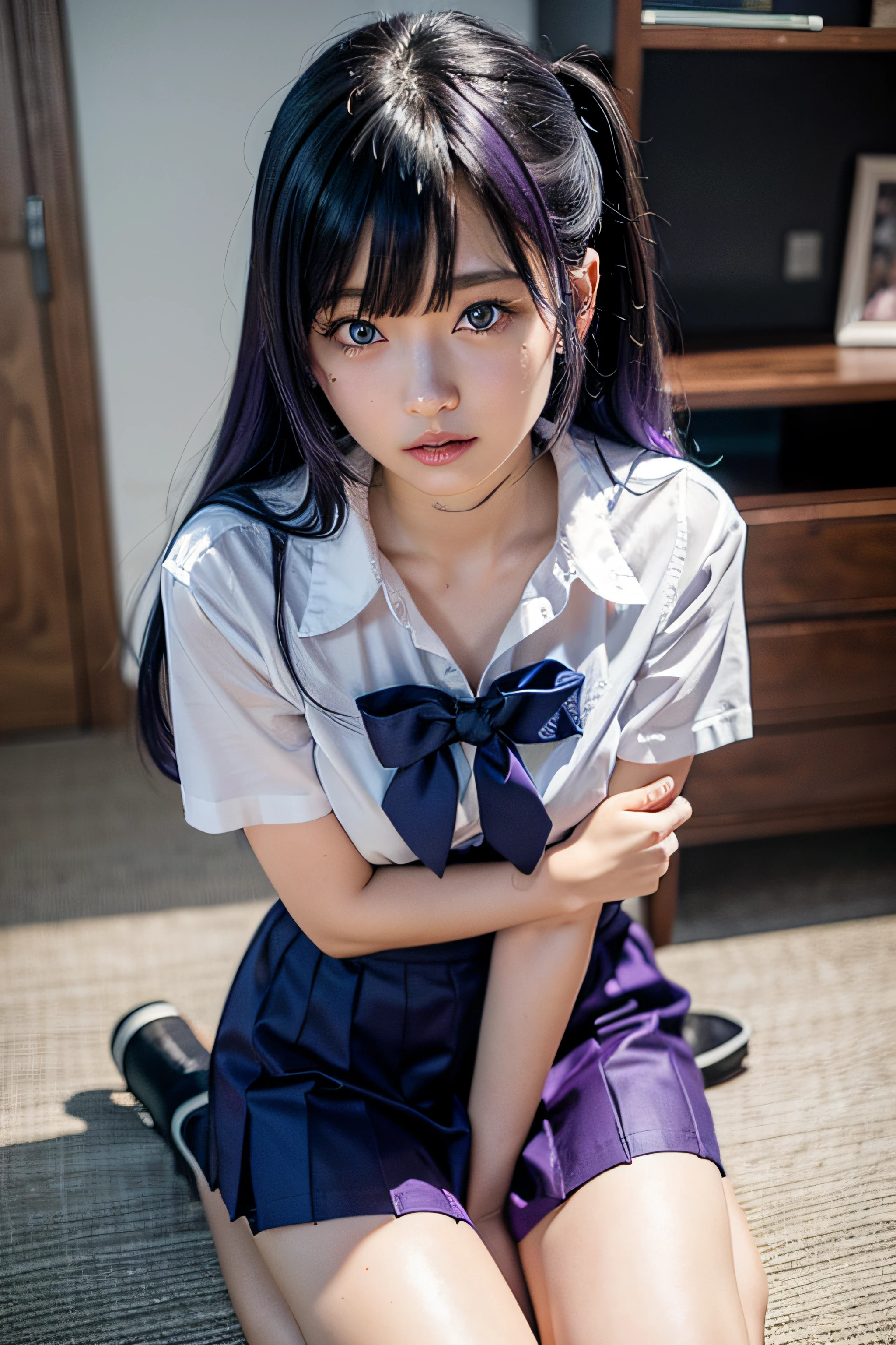 Blue eyes, Purple hair, anime girl in a short skirt and shirt kneeling on the floor, beautiful anime high school girl