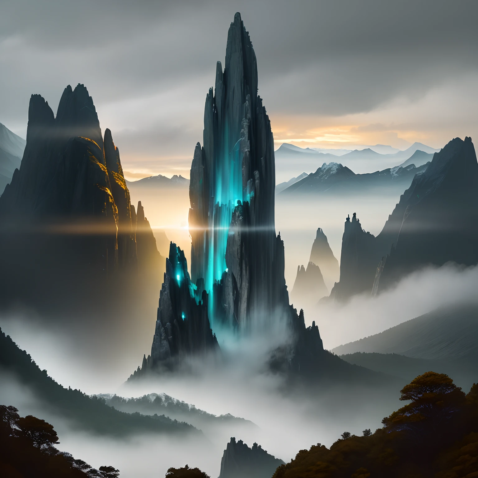Magnificent view，zori，Foggy vision，Alpine forest landscape photography，Pale sunrise, Majestic mountain，Rugged mountain roads，（Boulders），precipice，Clear and transparent water，Broad field of view，Minimalist，Black-white-cyan-yellow tones，giant tree，bushes，Autumn breeze leaves fall，desolated，Aloneness，Cold，foggy sky，Not dazzling morning sun，Nightmare vision，Dark fantasy plot，Perfect and excellent composition，8K分辨率，the detail，limitations，Close-up ultra-wide angle shot，Cool background，Jack Guzman's environmental art photography，realisticlying，cinematic compositions，，vividness, A detailed, stunning skies,Colorful clouds float，true to life, Pubic area is clear, flawless perfection, Digital SLR, 1024, 2048, 4096, A detailed, Sharp, best qualtiy, high qulity, absurderes，unmanned background，The is very detailed、Detailed lighting shadows，Trends on ArtStation、iintricate、high detal、dramatics、（Volumetriclighting：1.2）hdr shot。（Close-up，Super deep view，ultra-wide-angle，Microfocal length lens：1.2）（realisticlying：1.4）tmasterpiece、high high quality、Beautiful photography，globalillumination