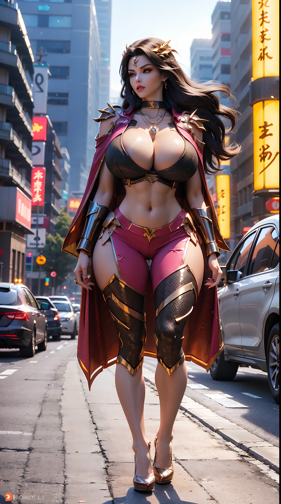 1GIRL, SOLO, COQUETTE, (LONG HAIR, HAIR ORNAMENT, NECKLACE), (HUGE FAKE BOOBS:1.3), (STREET CITY BACKGROUND), (FUTURISTIC PHOENIX MECHA CROP TOP, ROYAL CAPE, CLEAVAGE:1.2), (SKINTIGHT YOGA HOTPANTS, HIGH HEELS:1.2), (PERFECT BODY, FULL BODY VIEW:1.5), (LOOKING AT VIEWER), (WALKING:1.2), MUSCLE ABS:1.3, ULTRA HIGHT DEFINITION, 8K, 1080P.