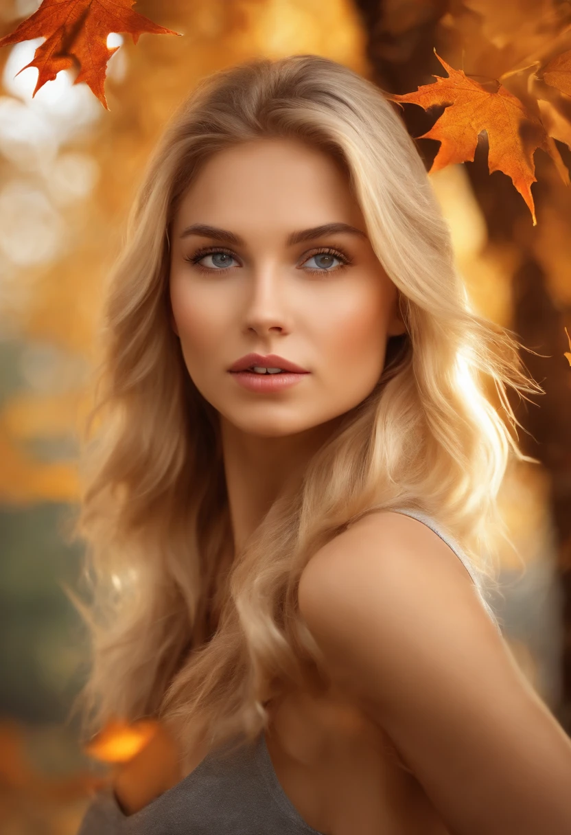 Girl close-up portrait, teasing dynamic poses, detailed eyes, detailed face, blond hair, focused on the face and blurred the falling maple leaves on girl's face, ver extremely detailed, ultra high high detailed portrait, 24K UHD graphics resolution, best quality, masterpiece, award winning artwork