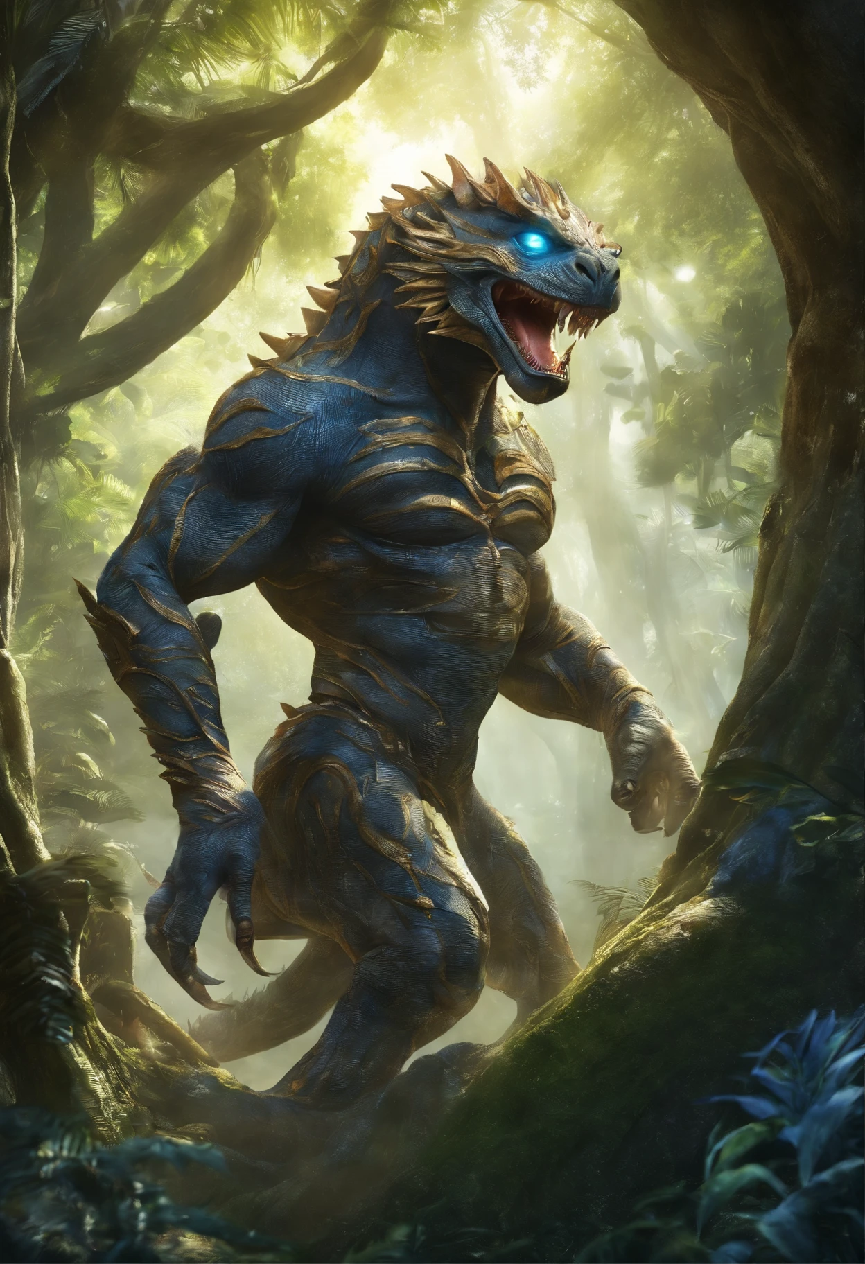Blue Lizardman、Blue scales all over the body、Snake's head、Waterfall Background、A composition that captures the whole body、Slender body、very developed muscles、Very beautiful abs、Lizard Tail、Golden Eyes、Beast-like legs、sharp claws on feet、Sparkling effects、Hurrah pose、Sweating profusely、