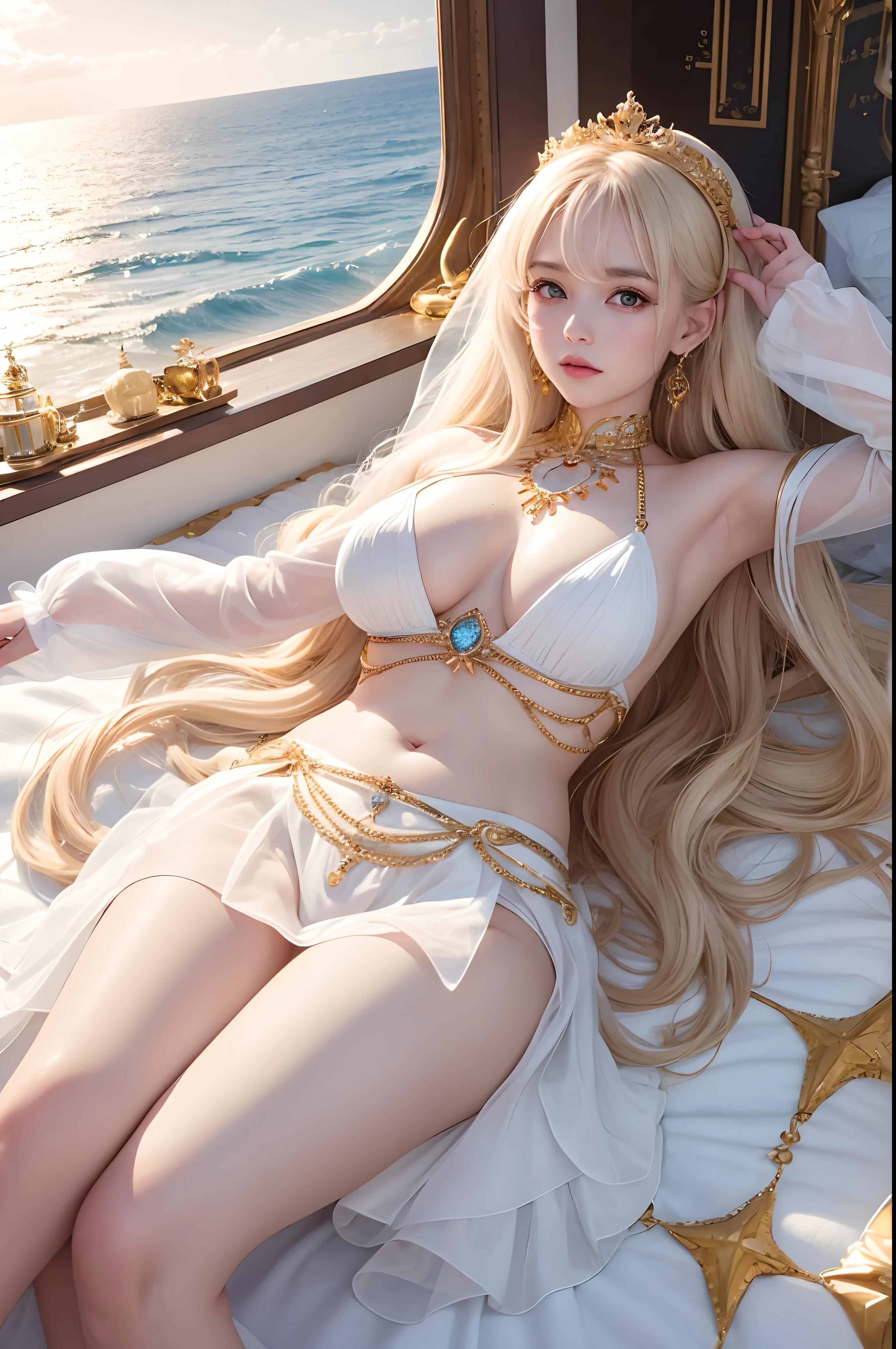 Sexy goddess,best qualityer,Snow-whiteskin,8K high quality,Sexy goddess,A pair of big eyes are beautiful and moving,Golden crown,Dressed in white tulle,The bottom is a long white tulle dress,White skin,Makeup,Red long-haired,curlies,Sexy outfit,Volt view,Look up,gold;jewely;Blue Electric,Space-time gate,Lie flat,the ocean,swell sea,lighthouse,shoreline
