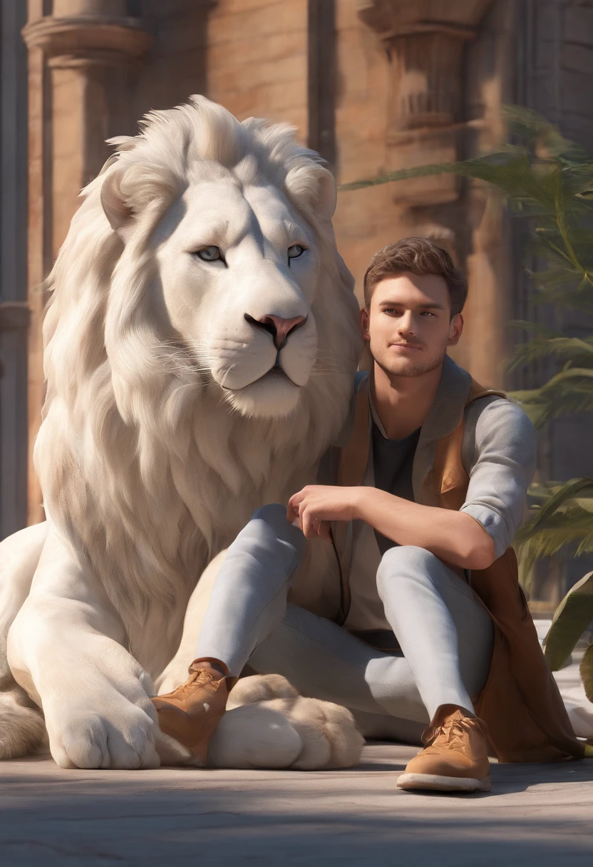 Young man with white lion
