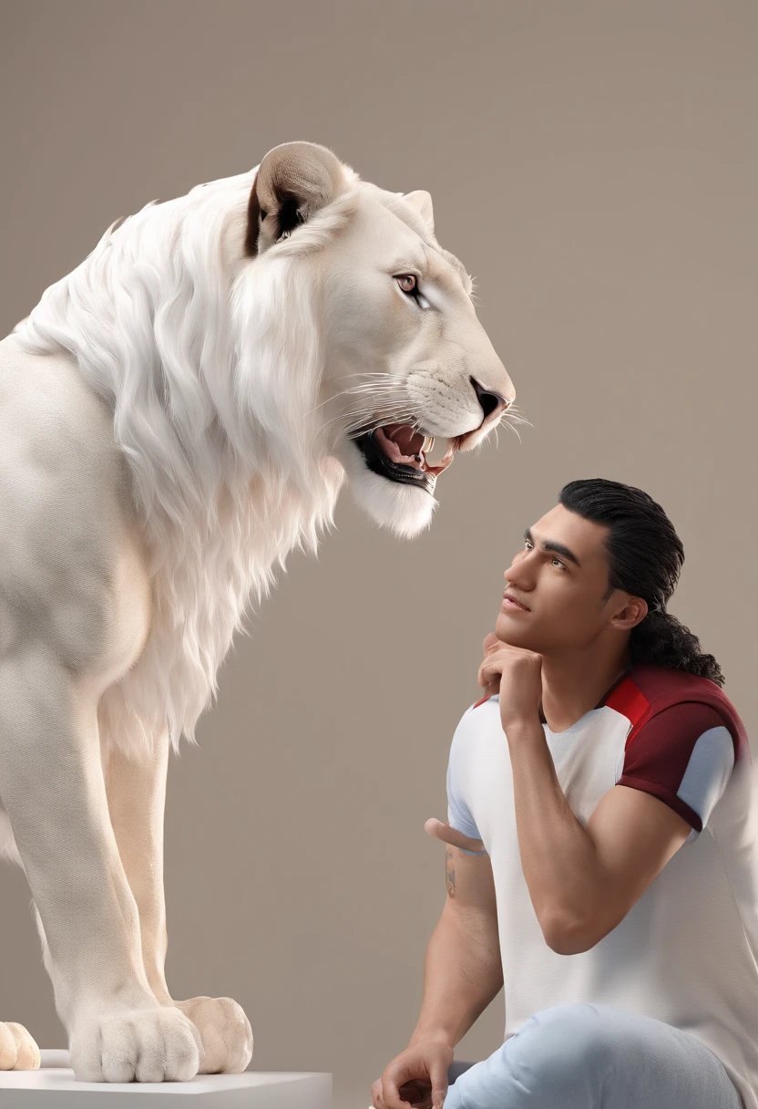 Young man with white lion