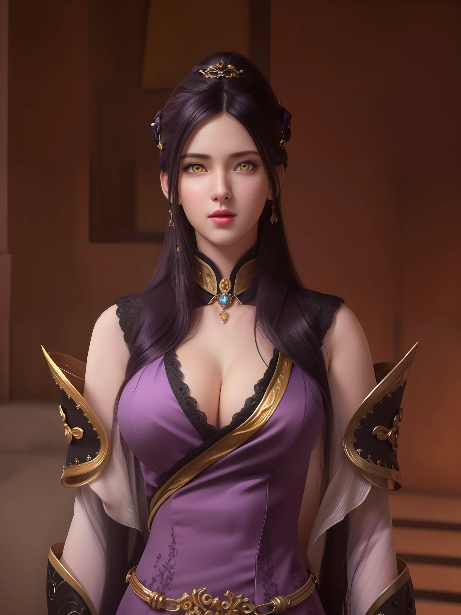 (hyperrealistic), (illustration), (high resolution), (8K), (extremely detailed), (best illustration), (beautiful detailed eyes), (best quality), (ultra-detailed), (masterpiece), (wallpaper), (photorealistic), (natural light), (rim lighting), (detailed face), (high detailed realistic skin texture), (anatomically correct), (solo), (1 girl), (high detailed realistic hair), (purple black hair:1.35), (heterochromic eyes), (detailed eyes), (yellow eyes:1.37), (sparkling eyes), (realistic big breasts:1.5), (exposed breasts:1.35), (long legs), (slender abs), (dynamic pose), (closed tiny mouth:1.3), nsfw, concentrated expression.