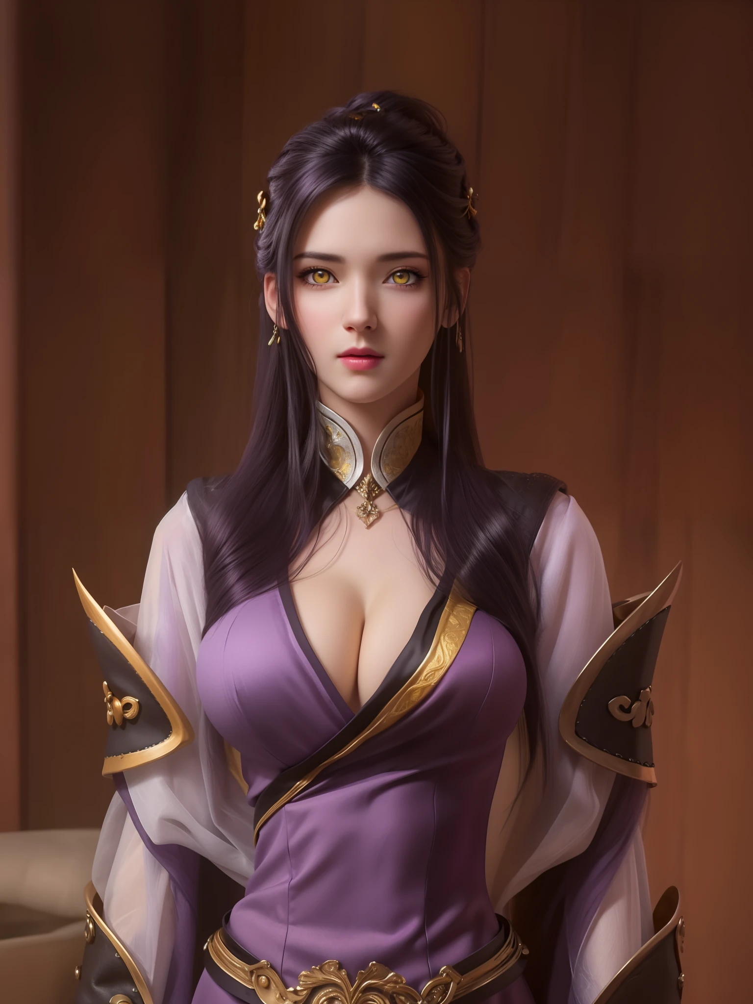 (hyperrealistic), (illustration), (high resolution), (8K), (extremely detailed), (best illustration), (beautiful detailed eyes), (best quality), (ultra-detailed), (masterpiece), (wallpaper), (photorealistic), (natural light), (rim lighting), (detailed face), (high detailed realistic skin texture), (anatomically correct), (solo), (1 girl), (high detailed realistic hair), (purple black hair:1.35), (heterochromic eyes), (detailed eyes), (yellow eyes:1.37), (sparkling eyes), (realistic big breasts:1.5), (exposed breasts:1.35), (long legs), (slender abs), (dynamic pose), (closed tiny mouth:1.3), nsfw, concentrated expression.