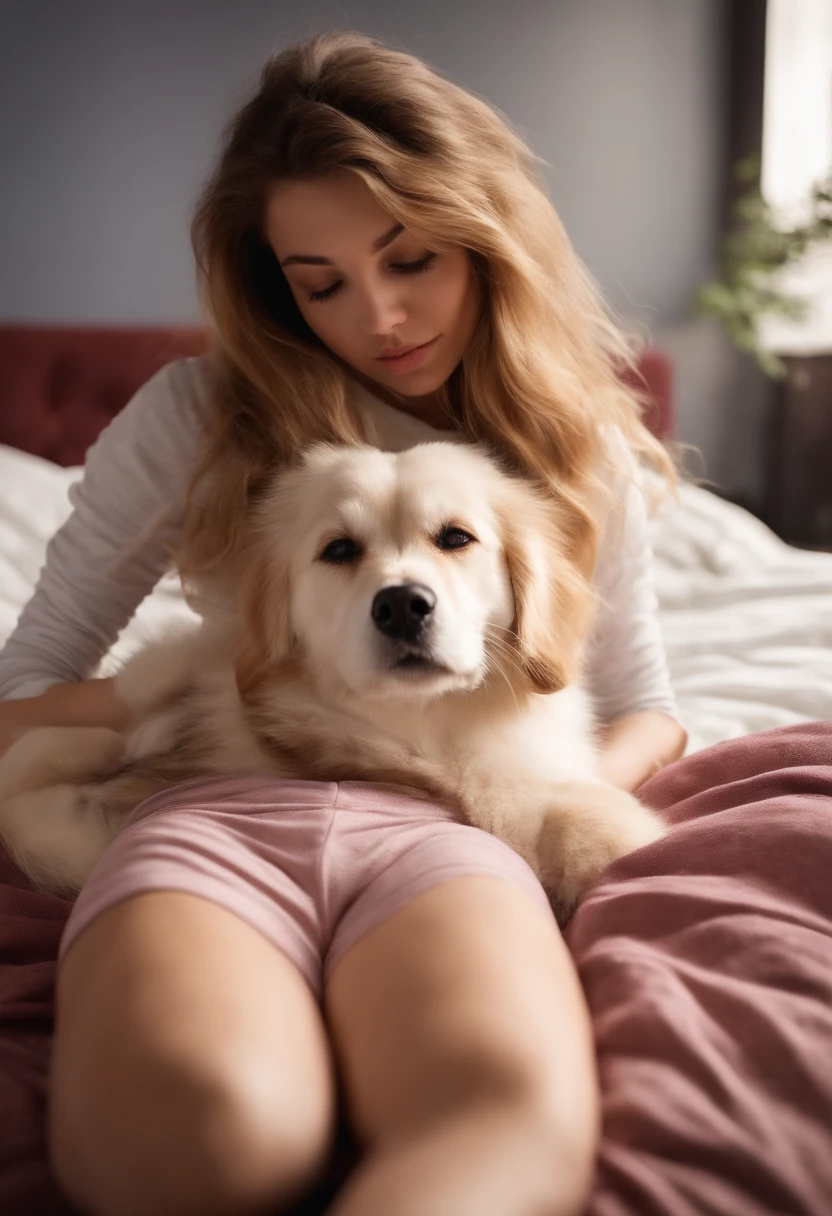 Girl in dog position on bed with legs open and face down, 19 year old, high quality,