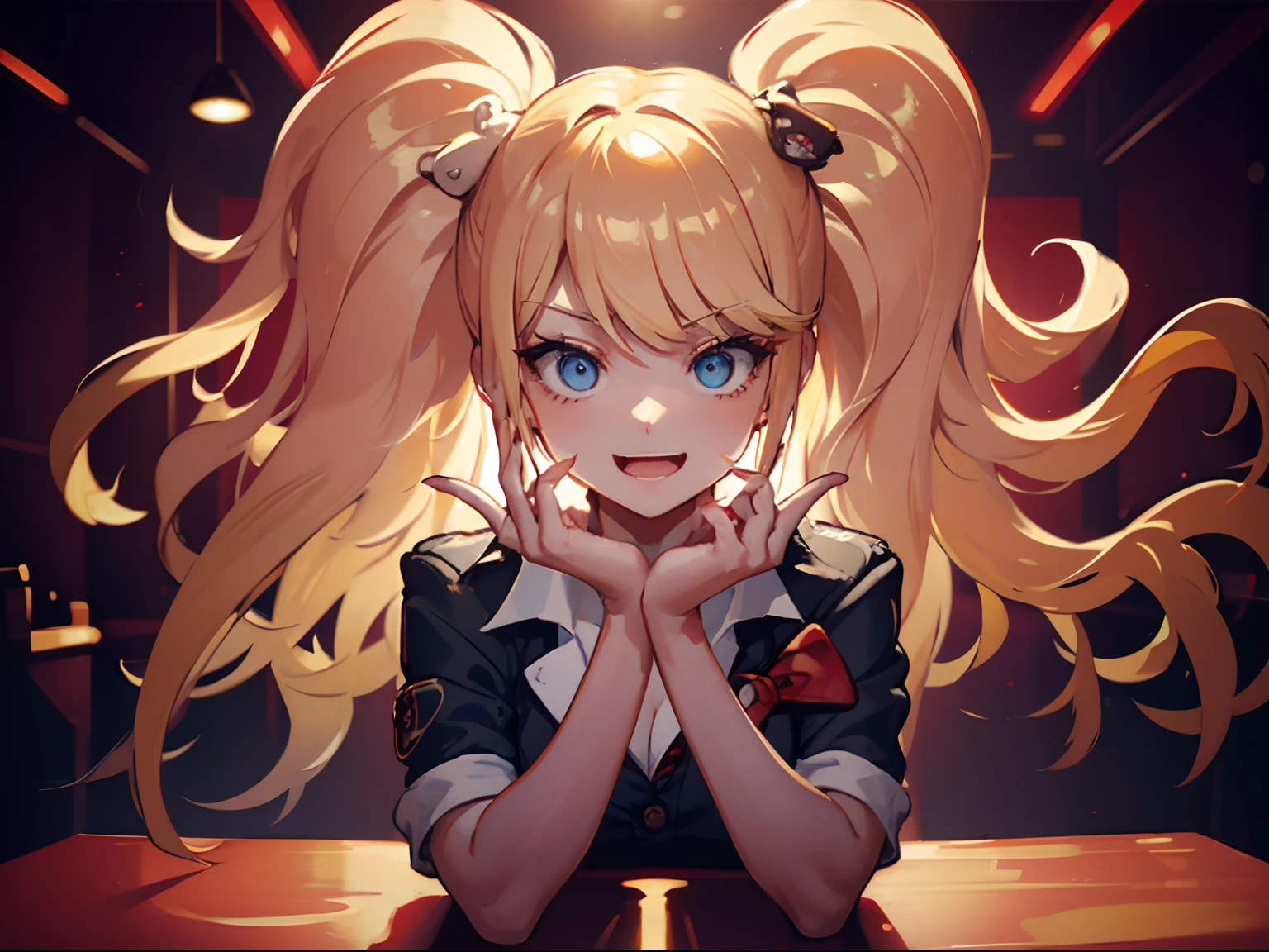 1 blonde girl pressing a visible red button on a table in front of her and it flashes red and the background with red lights, with an excited expression, the view is from the front in a medium shot,