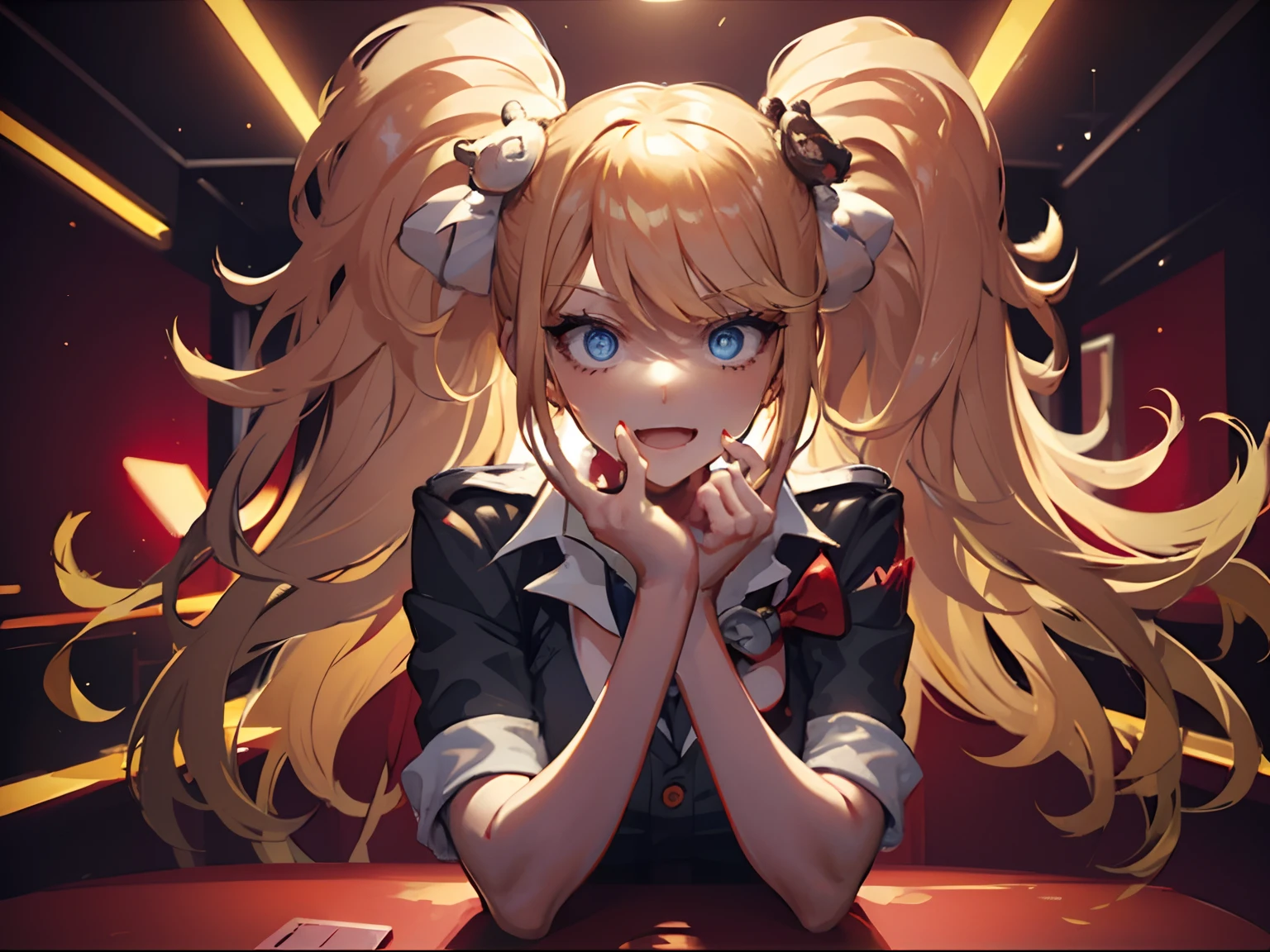 1 blonde girl pressing a visible red button on a table in front of her and it flashes red and the background with red lights, with an excited expression, the view is from the front in a medium shot,