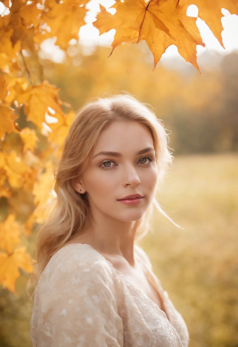 Girl close-up portrait, teasing dynamic poses, detailed eyes, detailed face, blond hair, focused on the face and blurred the falling maple leaves on girl's face, ver extremely detailed, ultra high high detailed portrait, 24K UHD graphics resolution, best quality, masterpiece, award winning artwork