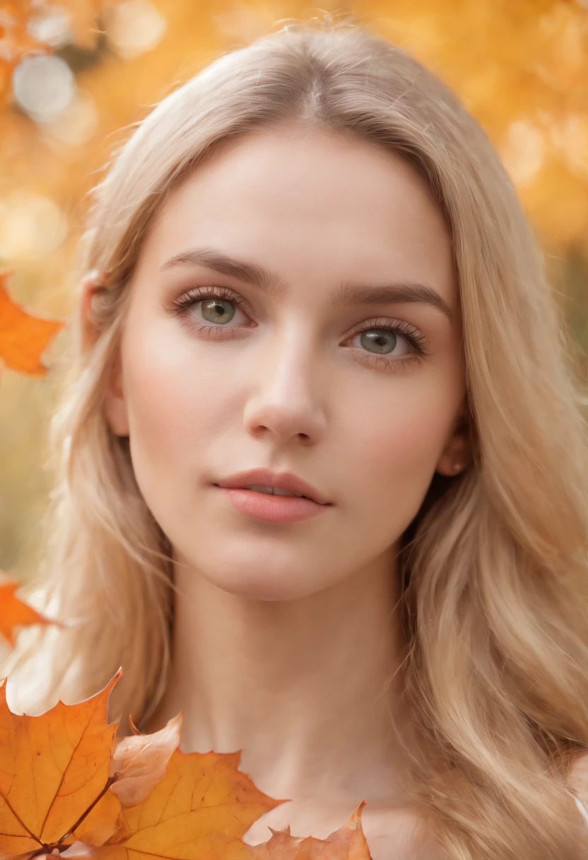 Girl close-up portrait, teasing dynamic poses, detailed eyes, detailed face, blond hair, focused on the face and blurred the falling maple leaves on girl's face, ver extremely detailed, ultra high high detailed portrait, 24K UHD graphics resolution, best quality, masterpiece, award winning artwork