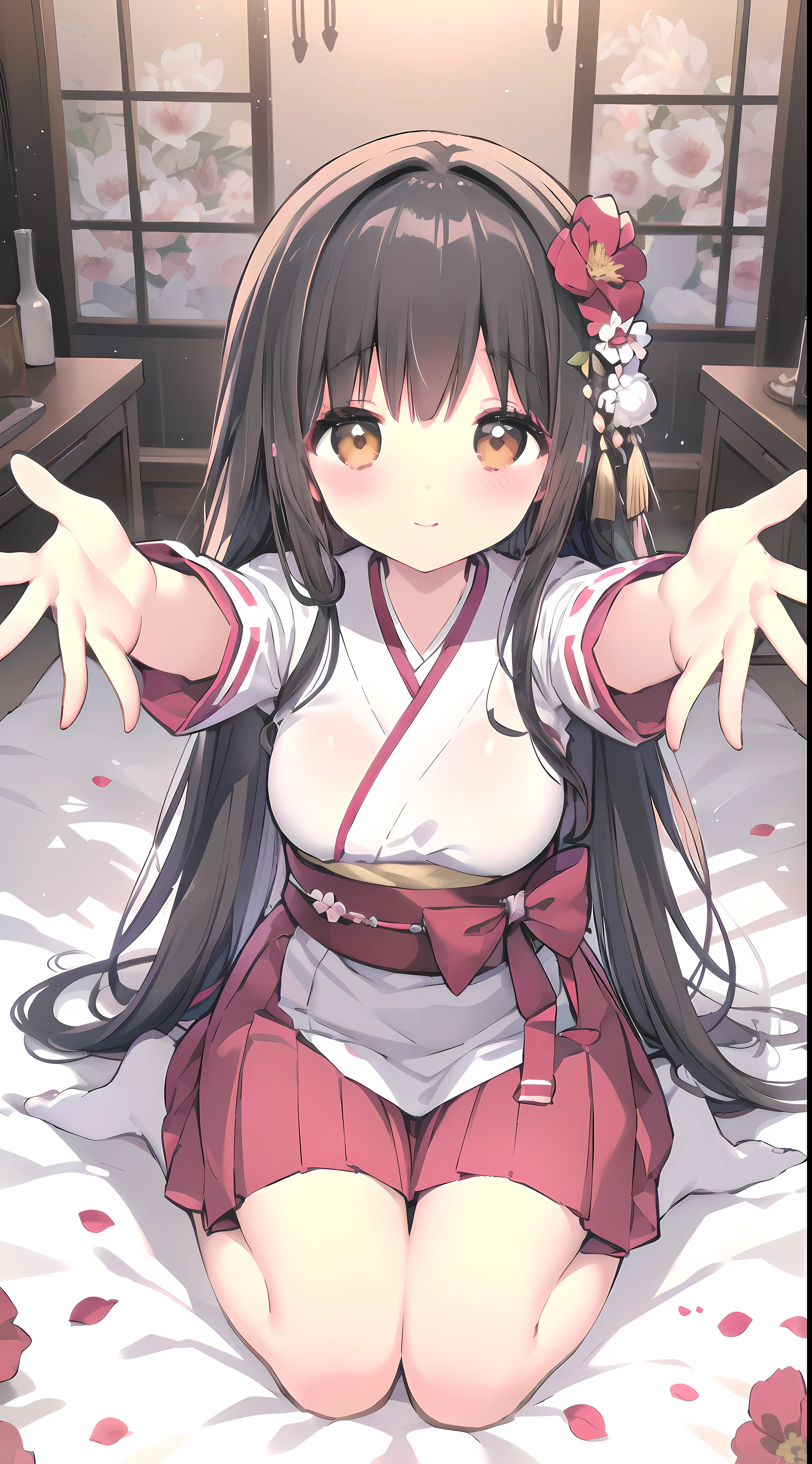 (medium figure girl, motherly, cute and petite girl, big sister aura:1.5), detached sleeve, Married, Japanese bride, loving wife, Wedding, wedding hakama skirt, yamato nadeshiko, 1girl, solo, outdoor, cute japanese model girl, very long hair, floral print, wedding hair ornament, wedding kimono, hakama, bangs, (in the bedroom, sit on knees, lap pillow:1.3), (masterpiece, best quality, HD Pictures, 4K:1.4), gentle eyes, gentle look to viewer, gentle smile, gentle eyes, mature looking, pinkish cheeks, very detailed eyes, very detailed pupils, very detailed hair, furisode, flower head accesories, from front pov, detailed face, full body, look up to viewer, leaning forward to viewer, detailed long black hair, (open arms for viewer, want to hug viewer, blushing red cheeks:1.5)