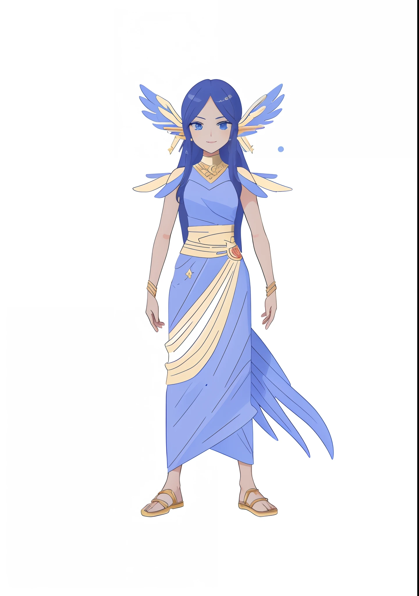 cartoon of a woman dressed in a blue dress with wings, mystical atlantean valkyrie, the greek goddess aphrotite, beautiful young wind spirit, inka harpy girl, valkyrie style character, greek goddess athena, knights of zodiac girl, epic mage girl character, as an atlantean, the goddess artemis smirking, goddess of greek mythology, new costume concept design