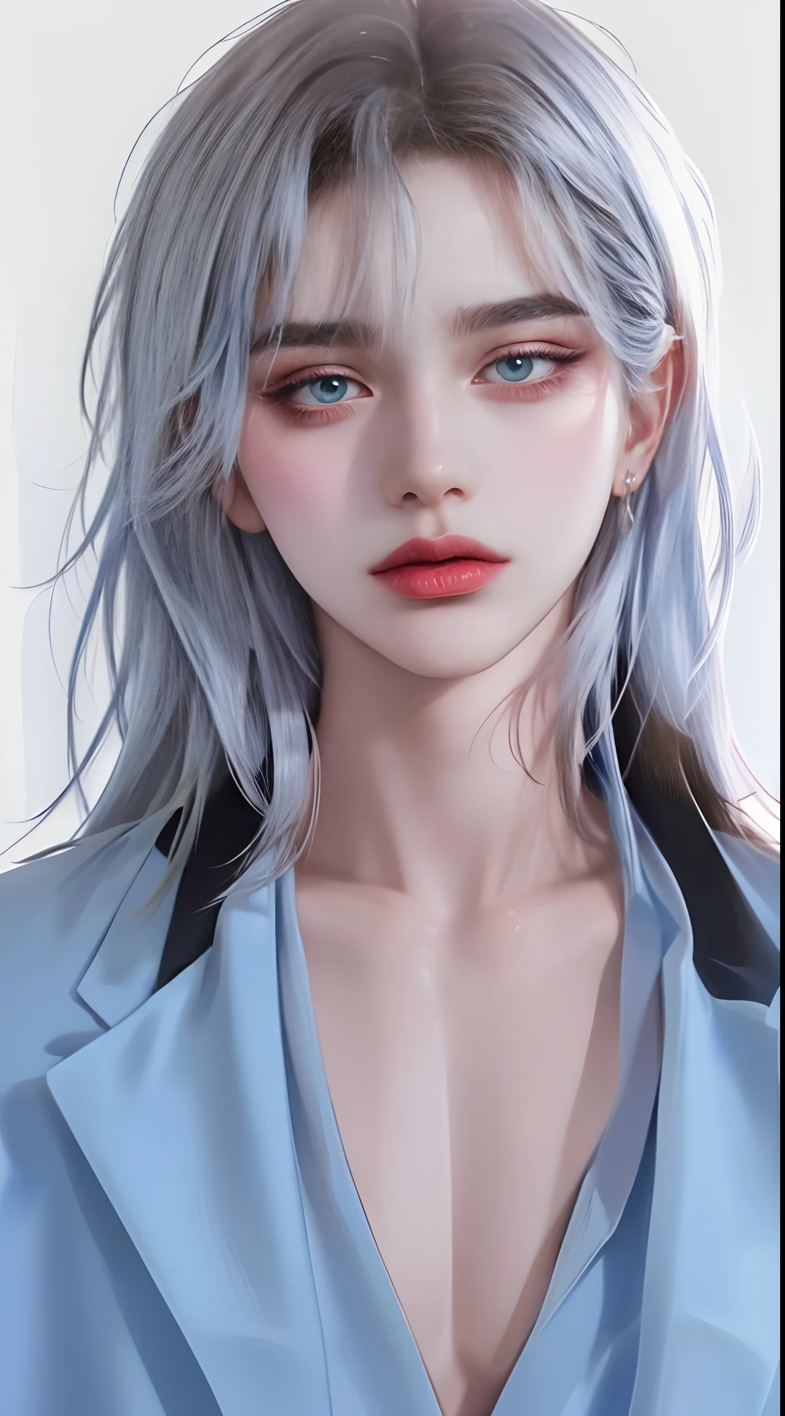 ((4K works))、masterpiece、(top-quality)、((high-level image quality))、((one beautiful women))、Slim body、((Black Y Shirt Fashion))、(Detailed beautiful eyes)、Black background、((Face similar to Chaewon in Ruseraphim))、((Half Up Hairstyles))、((bright silver hair))、((Smaller face))、((Neutral face))、((Light blue eyes))、((Korean Women))、((18year old))、((Wild Lady))、((Glaring at him with a savage look))、((Korean makeup with black eyeshadow))、((elongated and sharp eyes))、((Shot alone))、